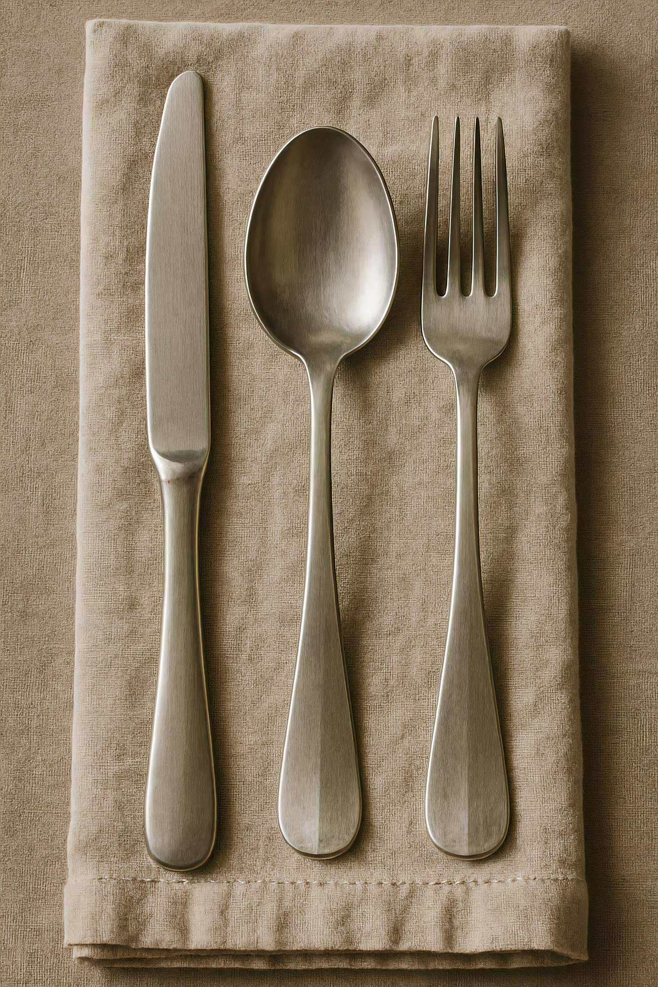 Brown kitchen utensils, cutlery, linens, silver serveware on table