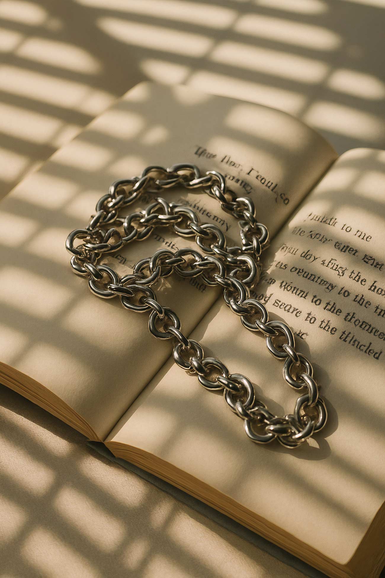Silver chain wrapped around book with locket, still life photography