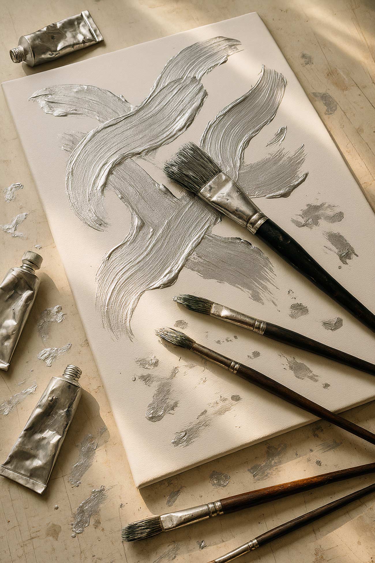 Utility knife, paint brush, paper, office supplies still life