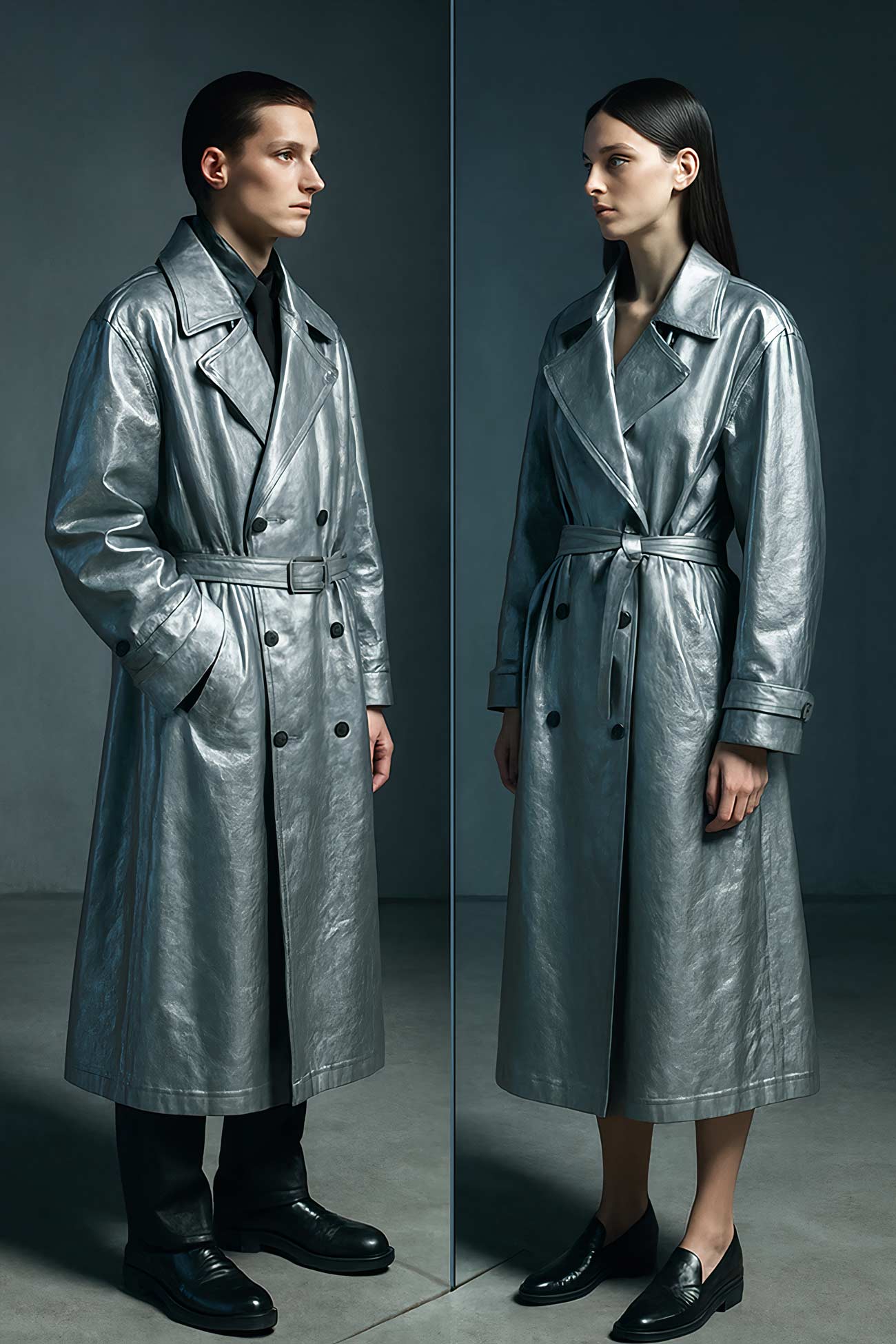 Fashion model in leather overcoat posing stylishly