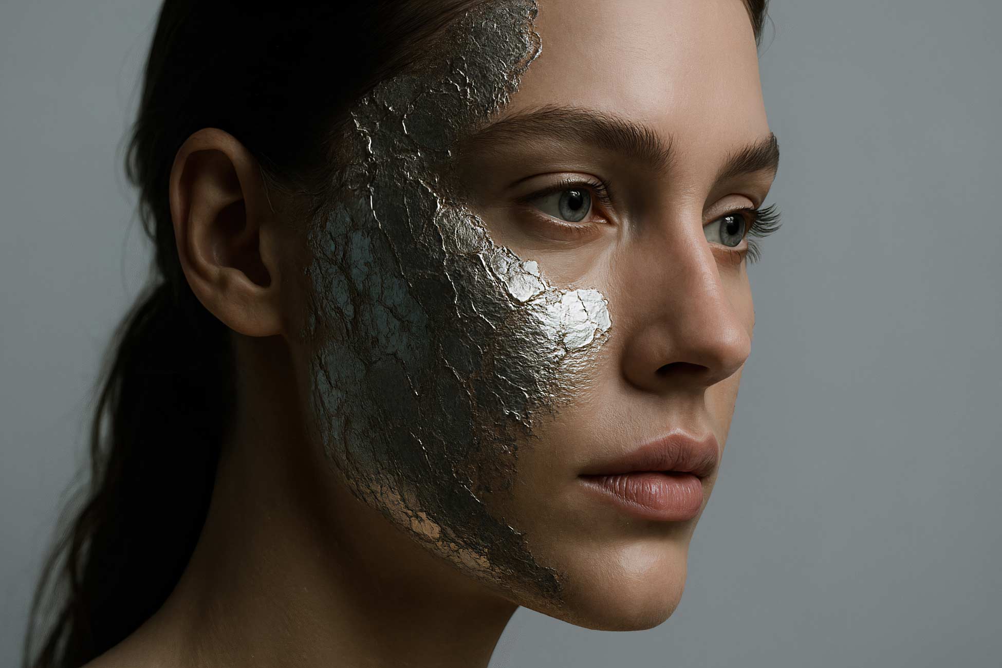 Model with headpiece and cosmetics close-up