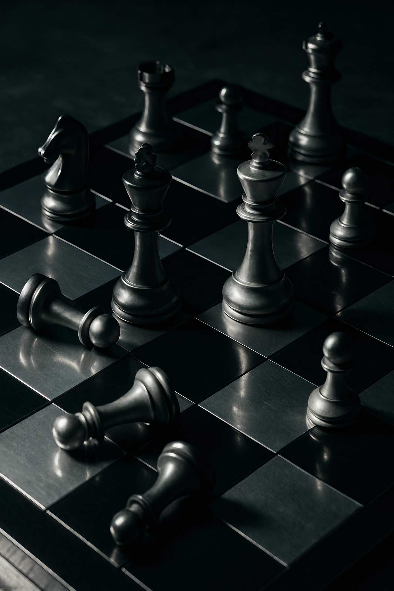 Dark chessboard with pieces in monochrome