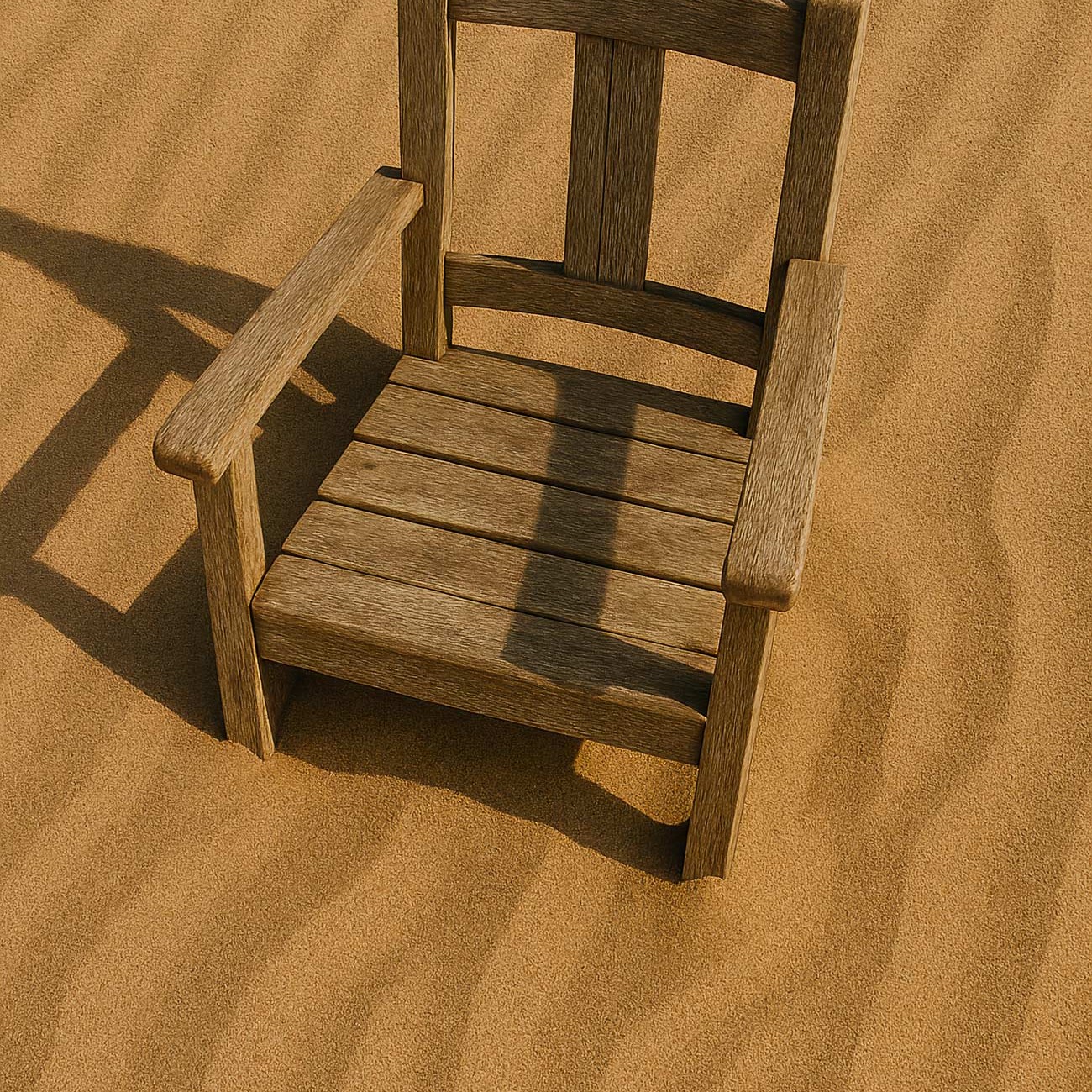 Wooden chair on sandy beach with shadow