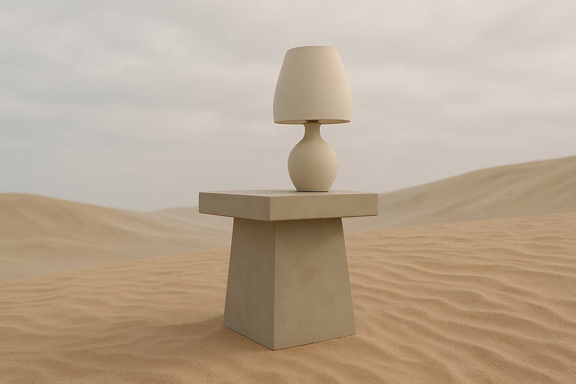 Ergonomic lamp with lampshade in a balanced still life composition