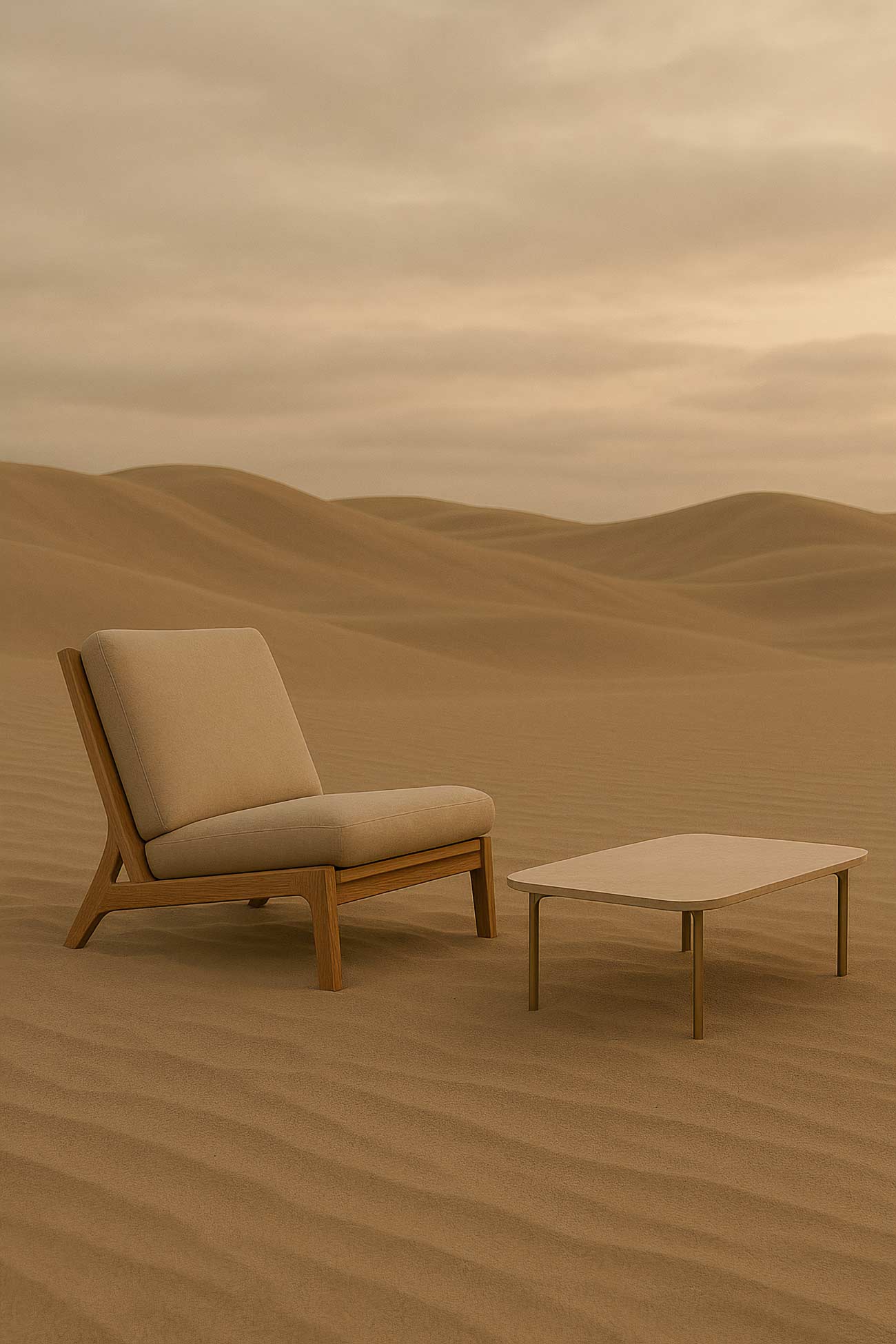 Outdoor furniture set on sandy desert landscape