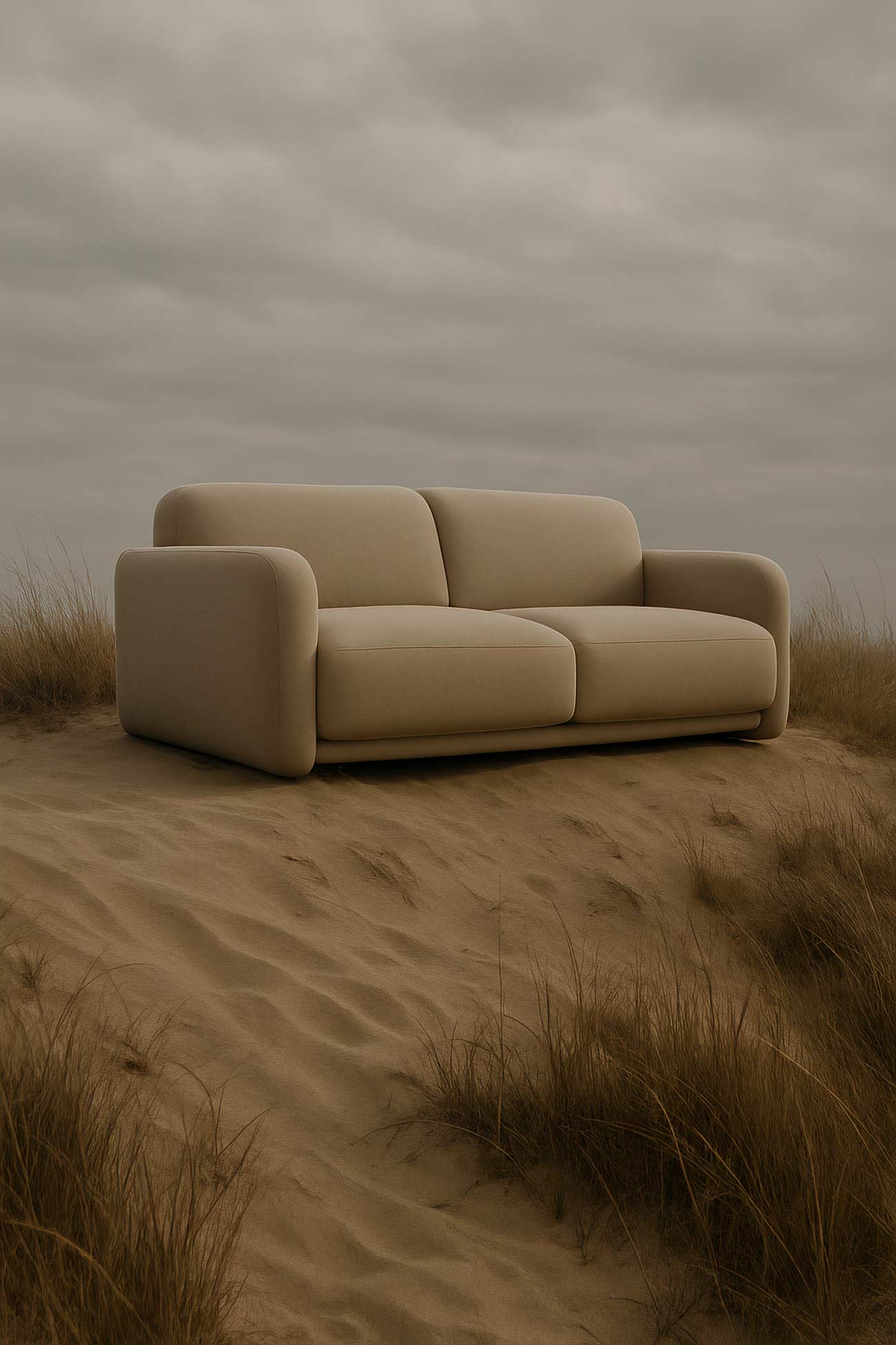 Desert studio couch on aeolian sand, outdoor sofa bed