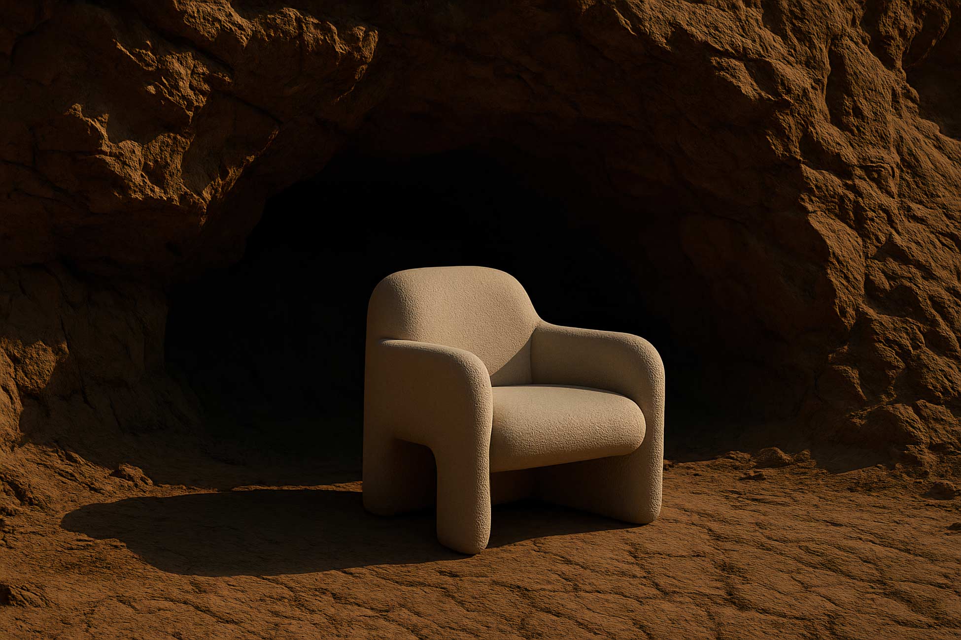 Brown club chair on sand with shadow