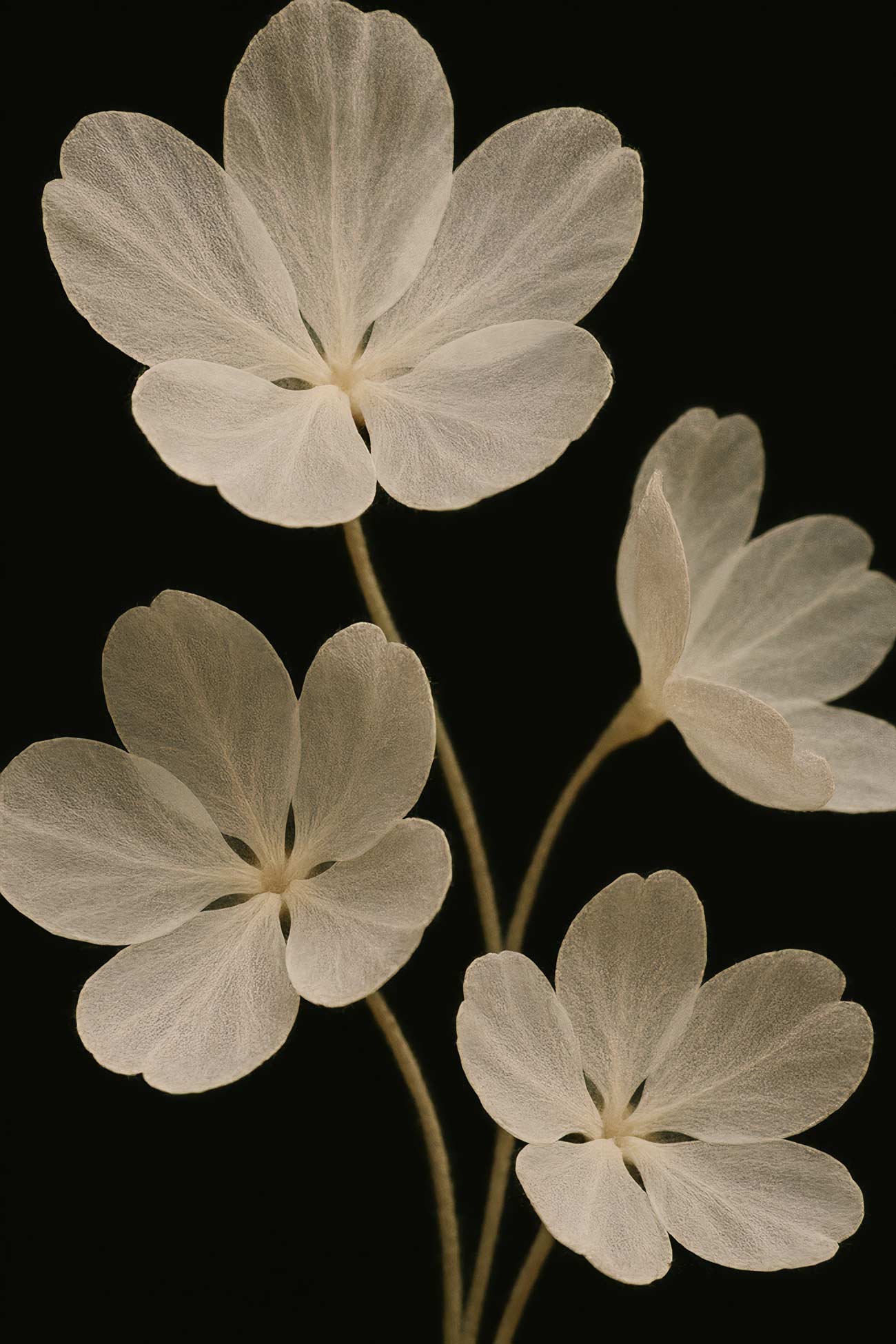 White geranium macrorrhizum and jasmine flowers in elegant still life composition