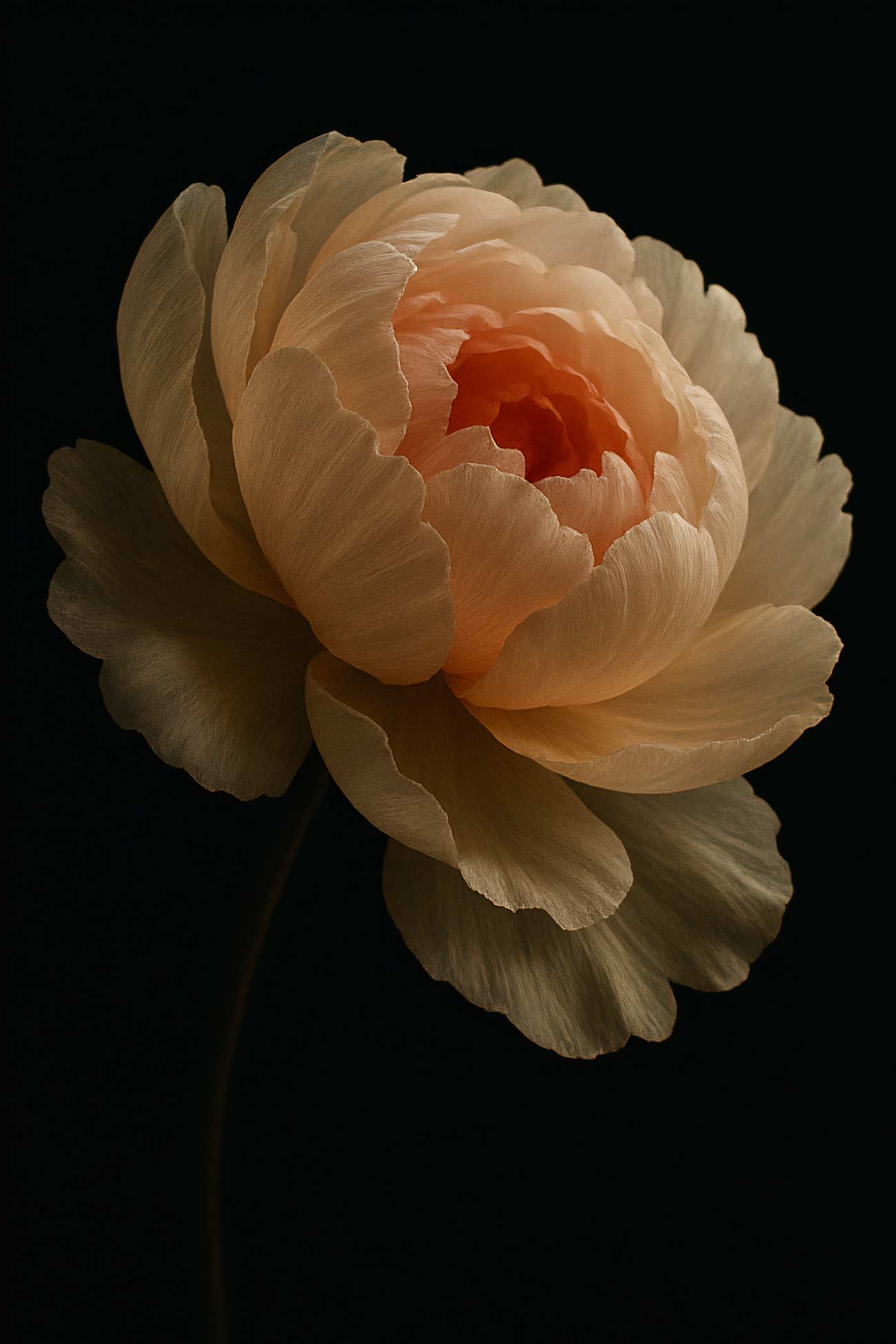 Yellow and pink garden roses, peonies, and camellias in a still life arrangement