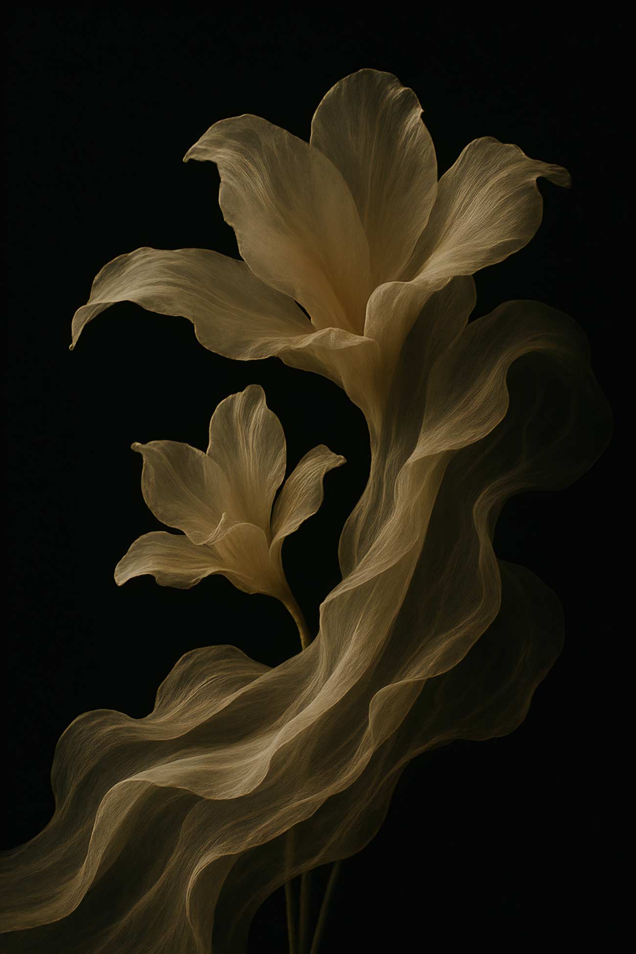 Large-flowered cactus, lilies, irises, hibiscus, and more in vibrant still life.