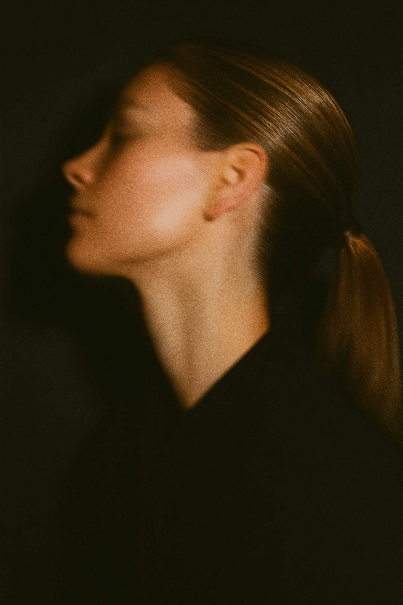 Girl with ponytail, neck, eyelash, no expression, portrait photography