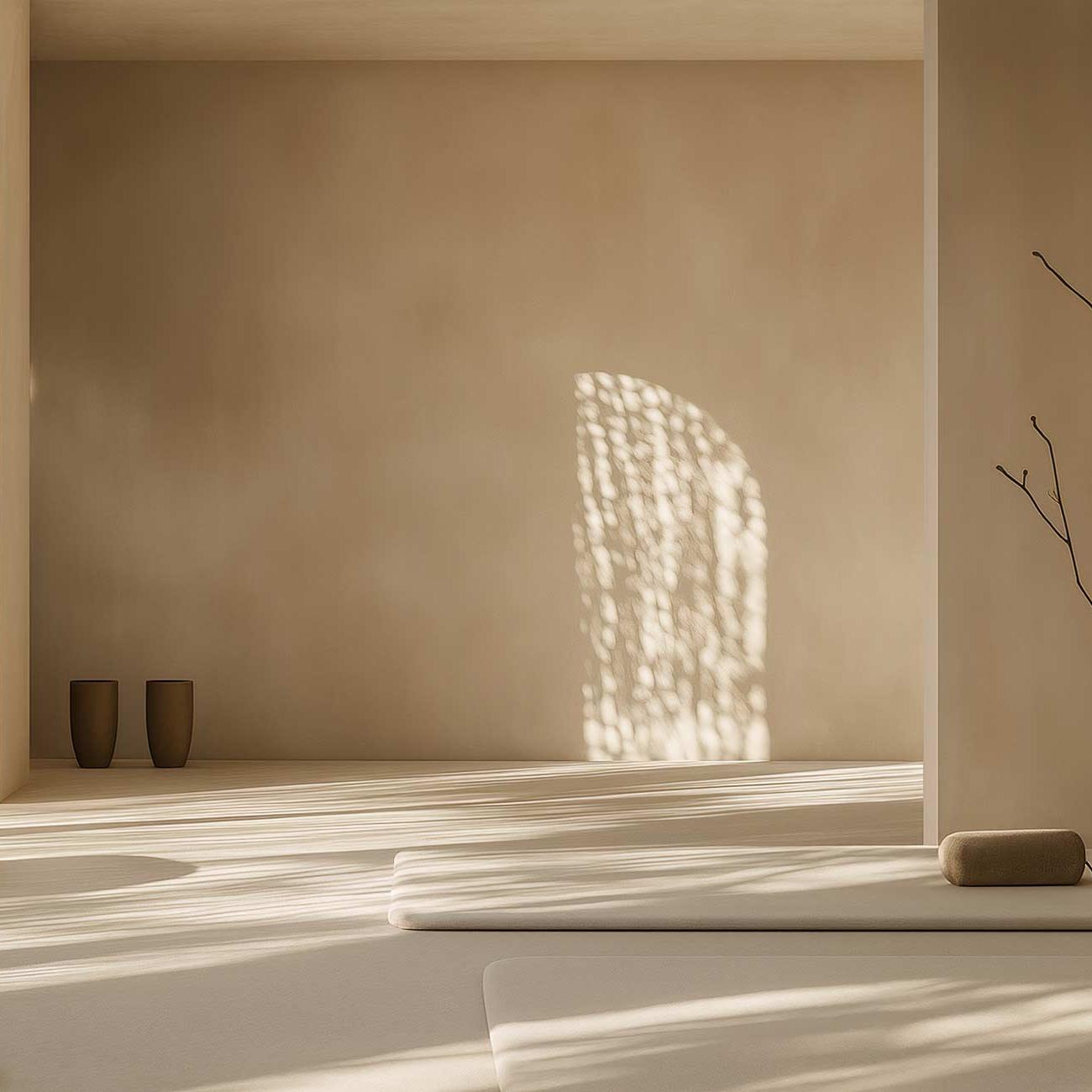 Shadowed still life on wood flooring and plaster wall