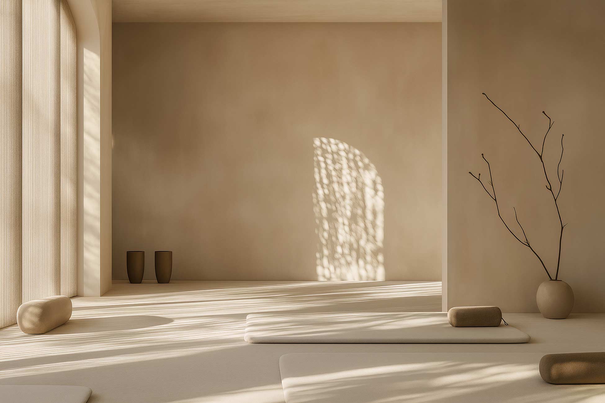 Shadowed still life on wood flooring and plaster wall
