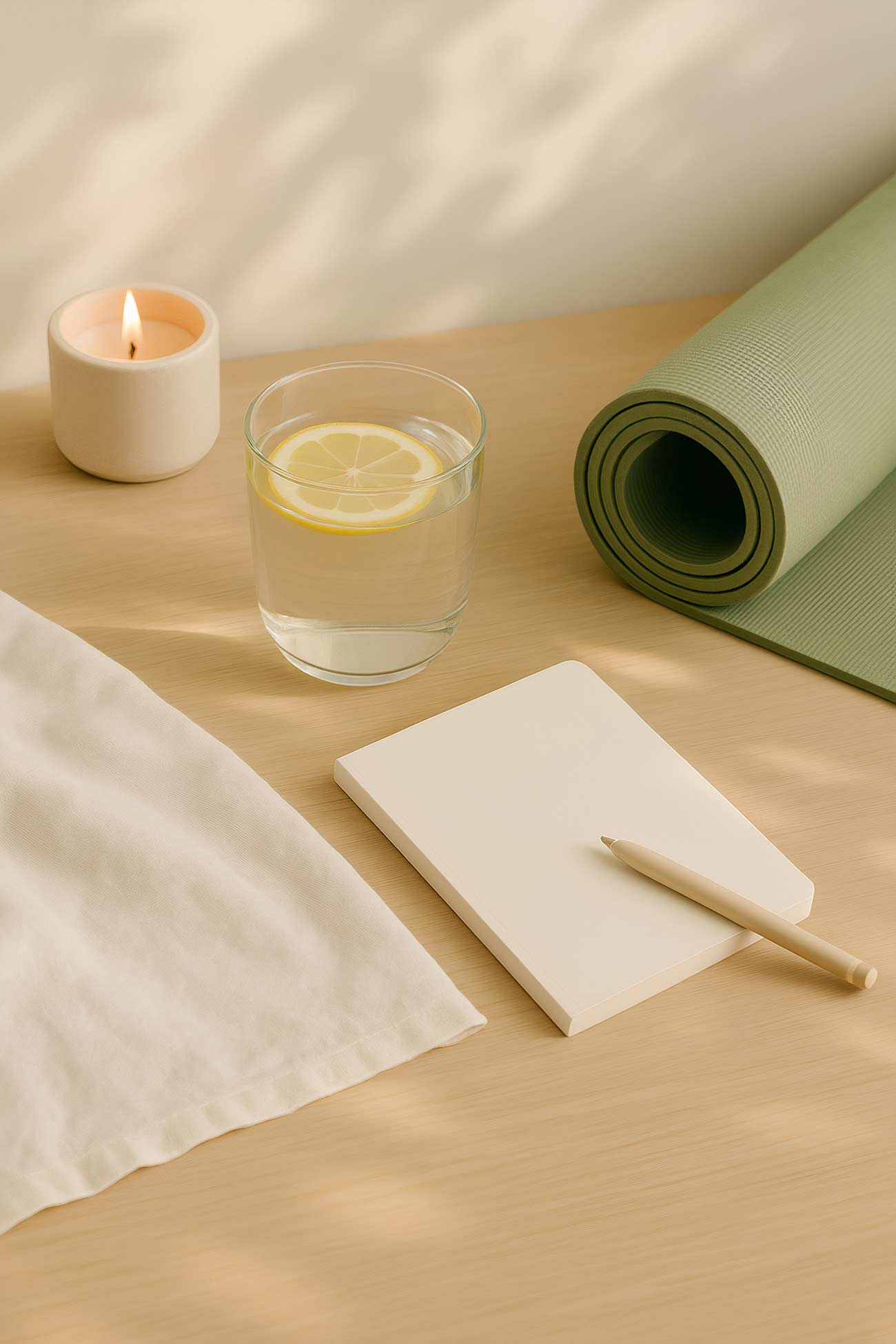 Placemats, linens, serveware on wood surface