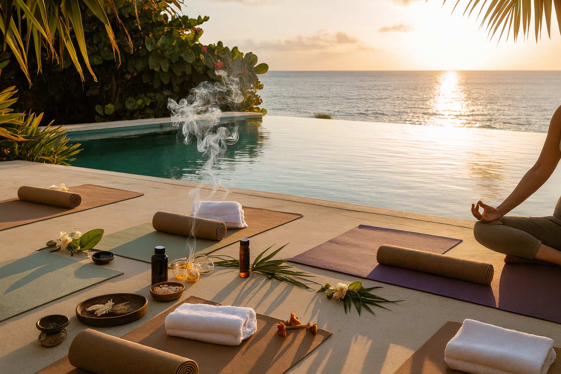 Seaside resort with swimming pool, palm trees, outdoor furniture, eco hotel