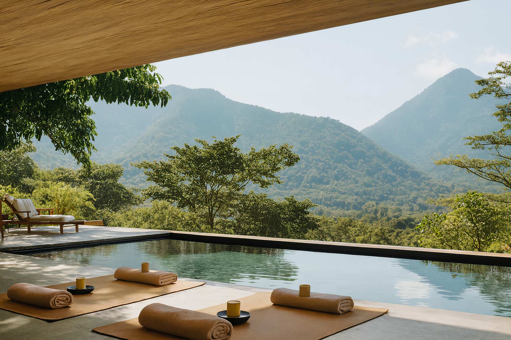 Mountain resort eco hotel with swimming pool in lush jungle setting