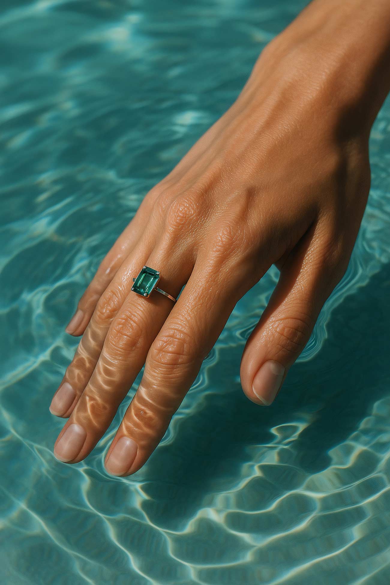 Couple holding hands with emerald engagement ring by swimming pool