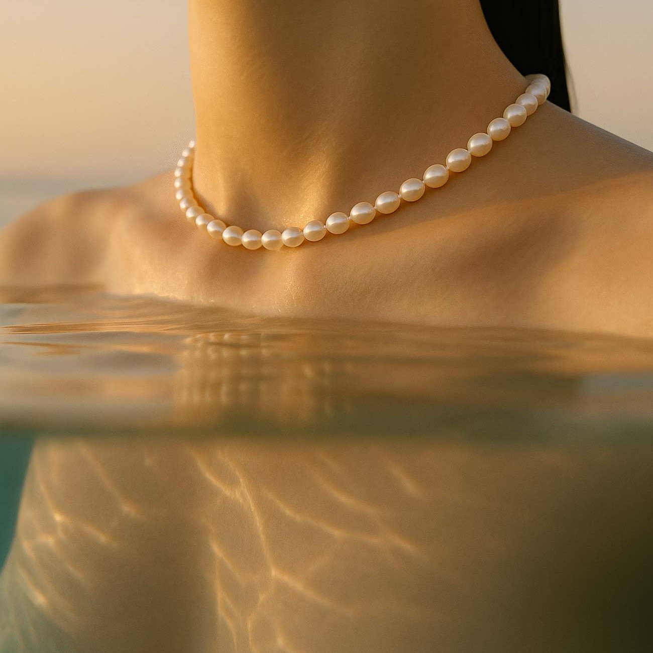 Silver chain necklace with pearls, elegant body jewelry