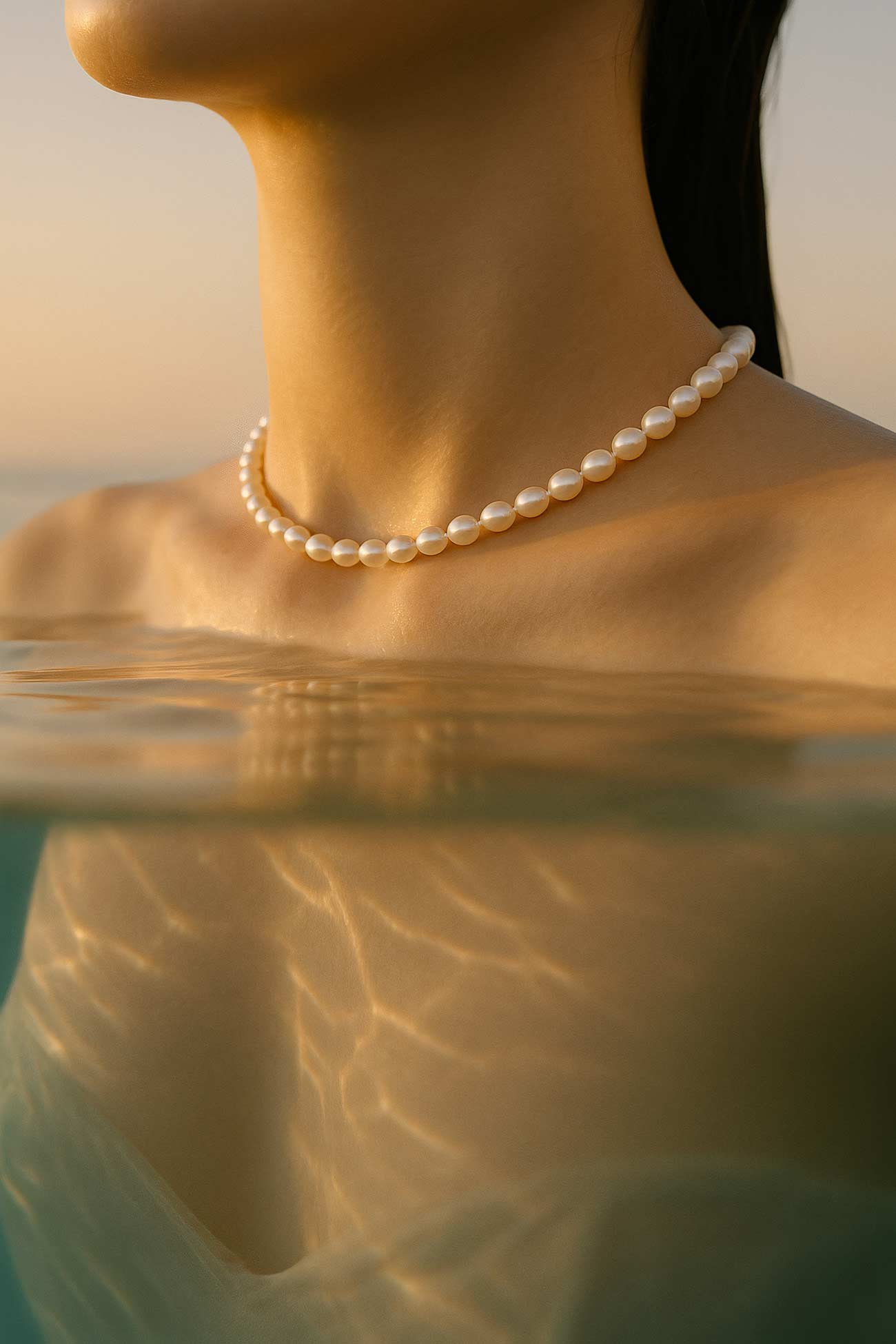 Silver chain necklace with pearls, elegant body jewelry