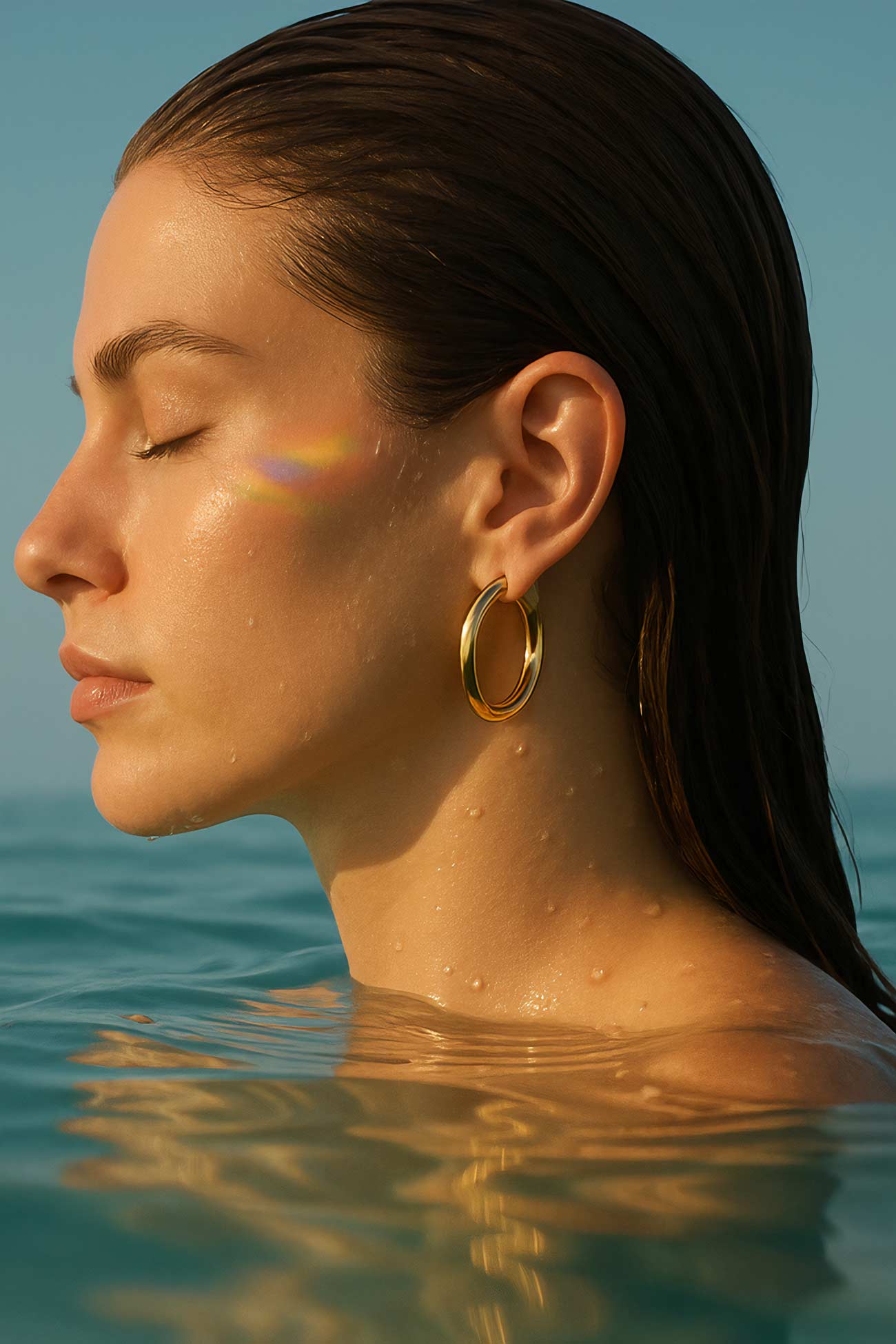 Girl with gold lips, earring, body piercing, and jewelry