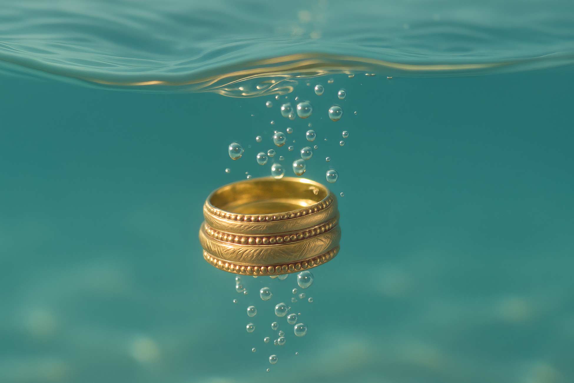 Brass bangle on liquid surface with reflections