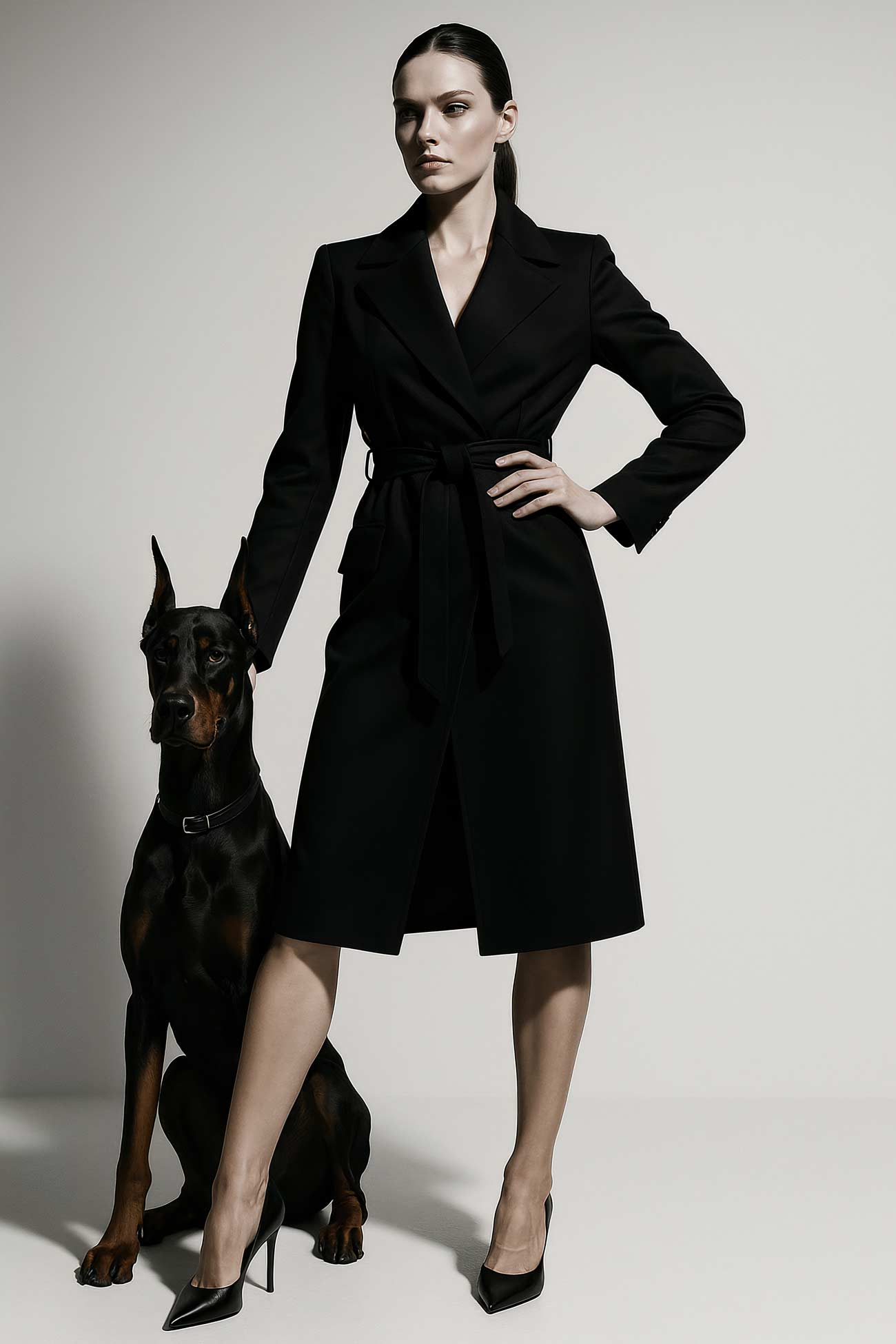 Fashion model in trench coat, collar and sleeve details