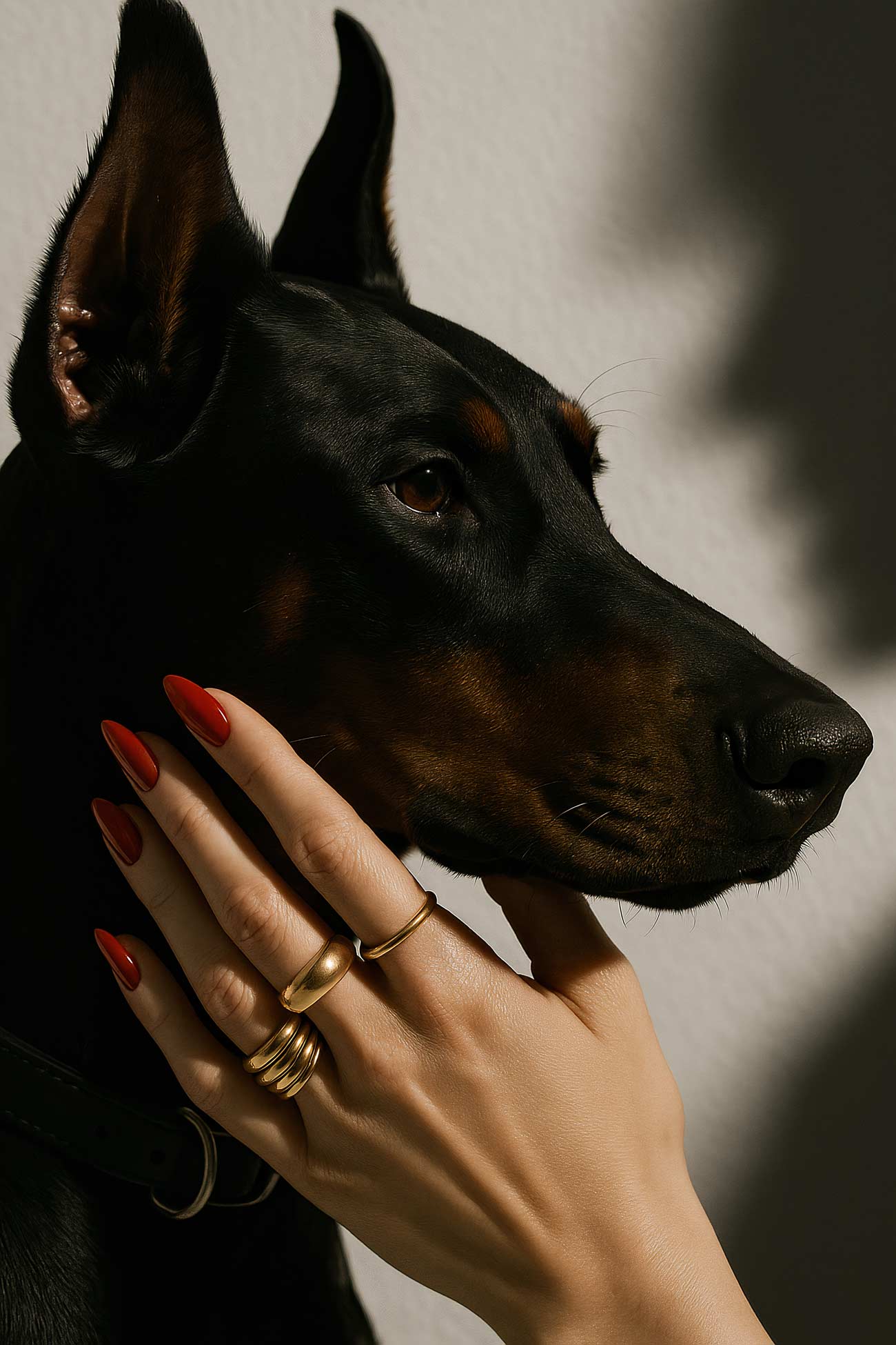 Dobermann dog with pinscher collar and ring detail