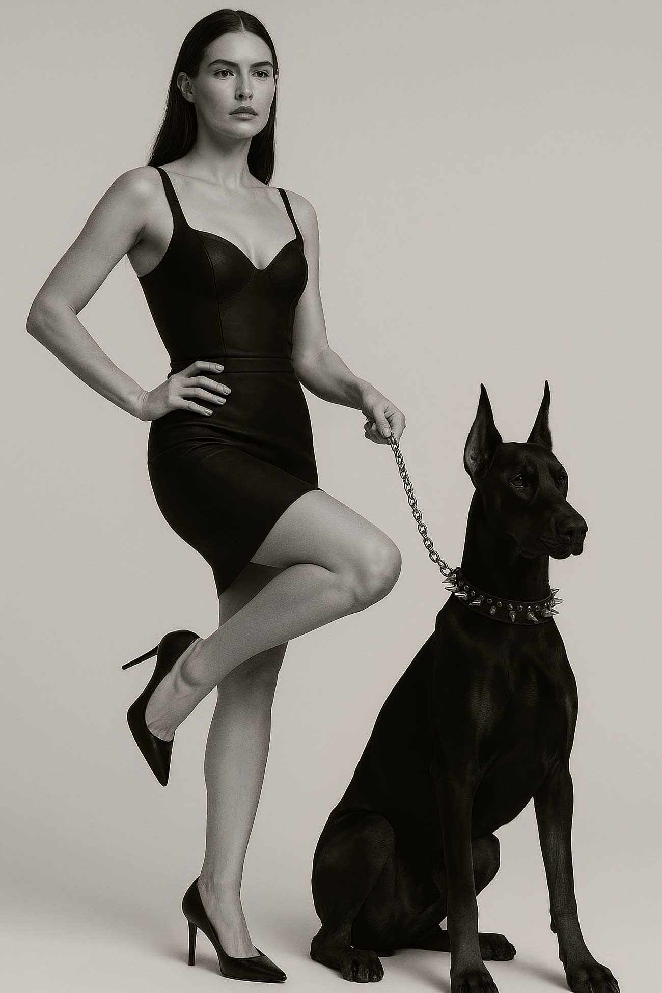 Fashion model in black dress with guard dog on leash