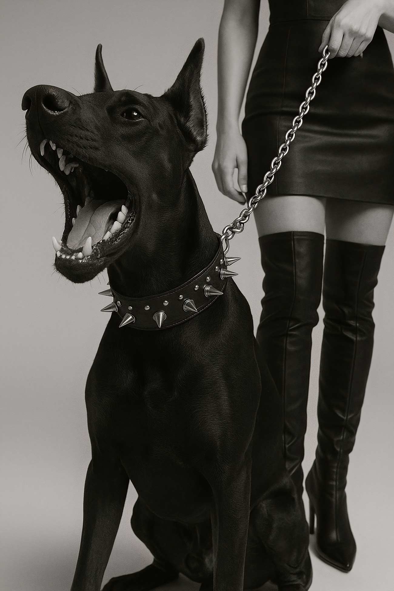 Dobermann guard dog with leather collar and leash