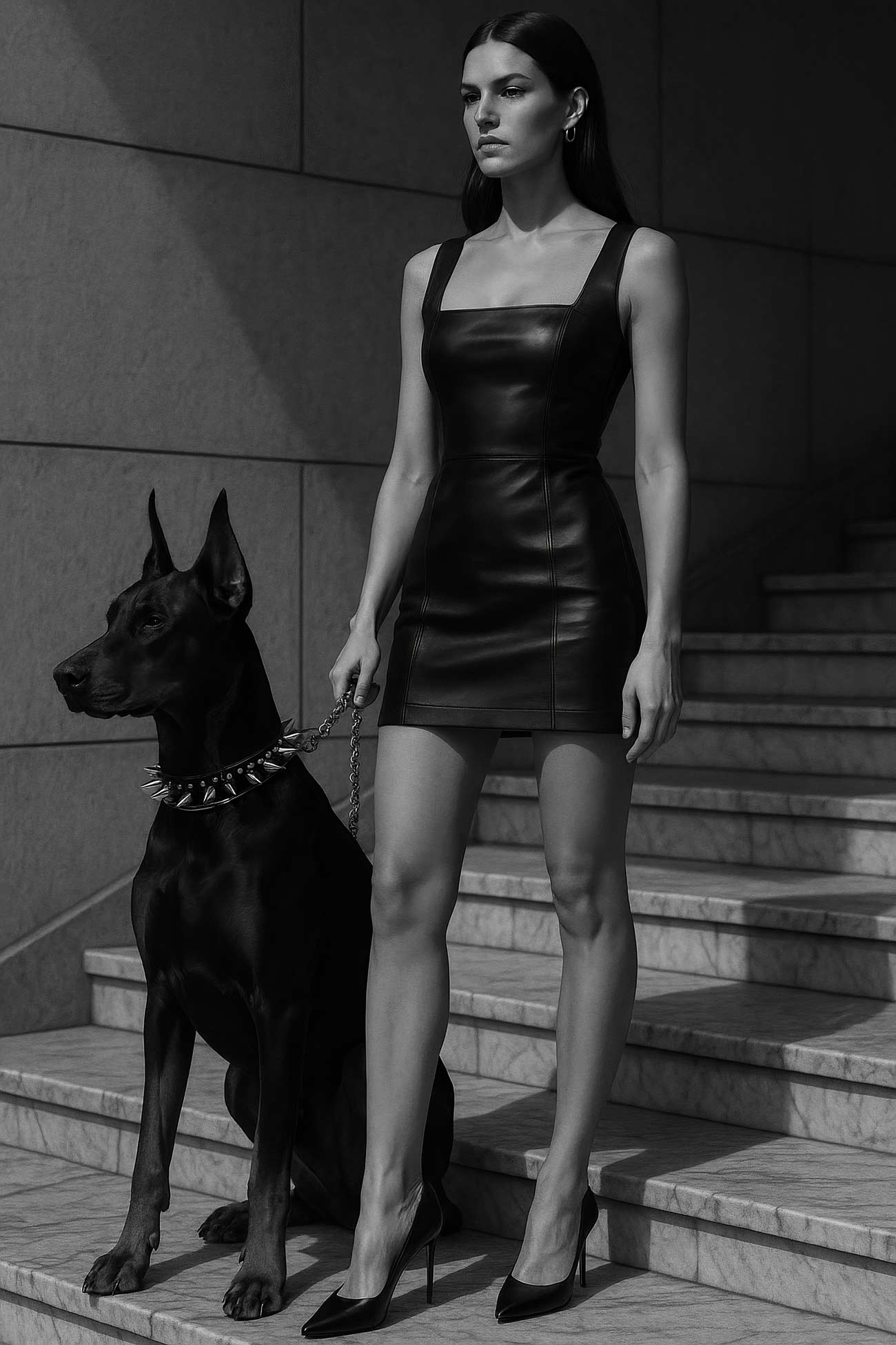 Fashion model in black dress with Dobermann dog
