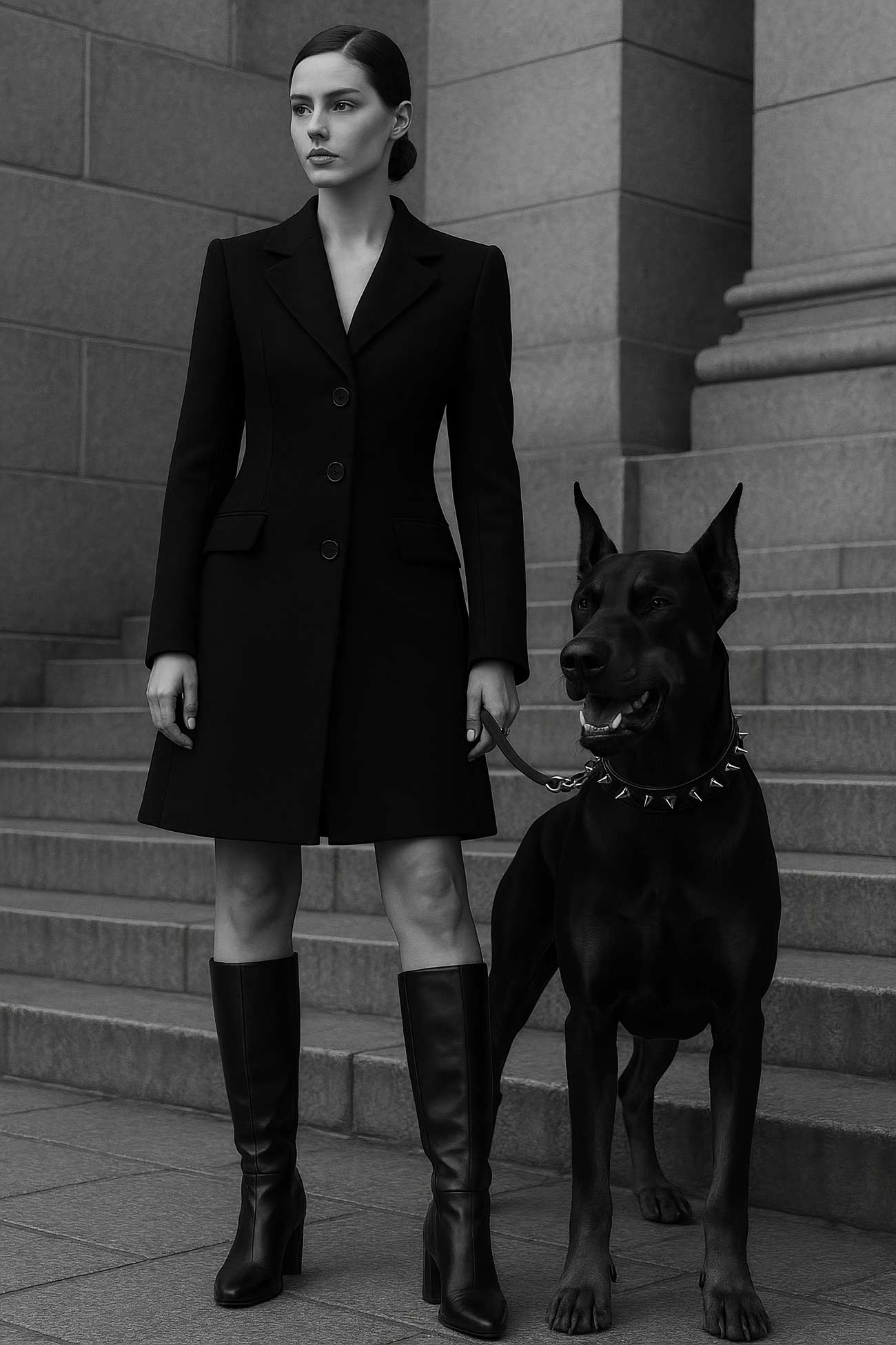 Black Dobermann dog in fashion attire with vintage accessories