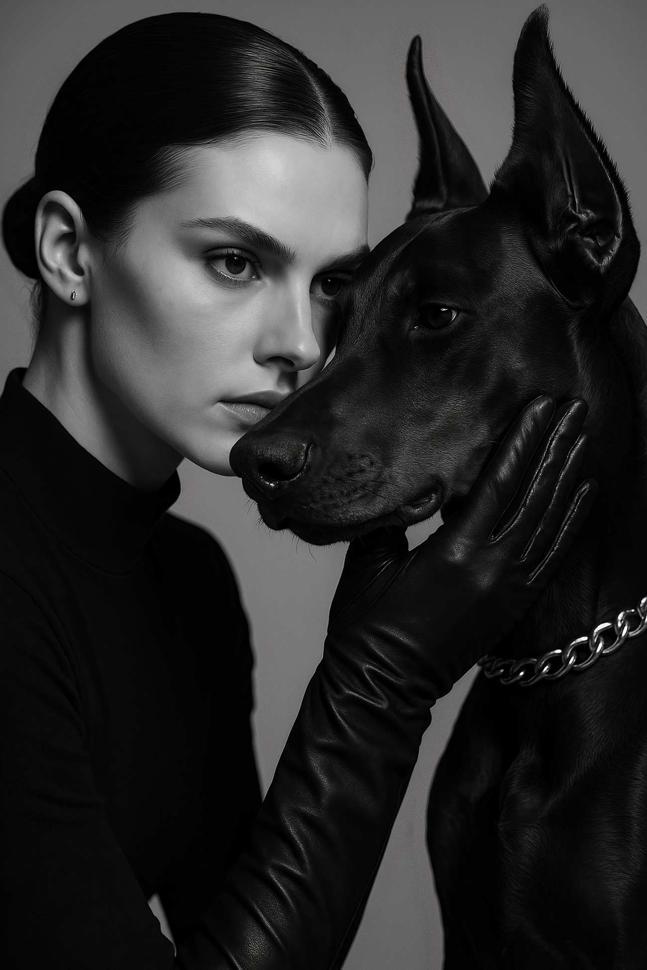 Black Dobermann model in fashion portrait