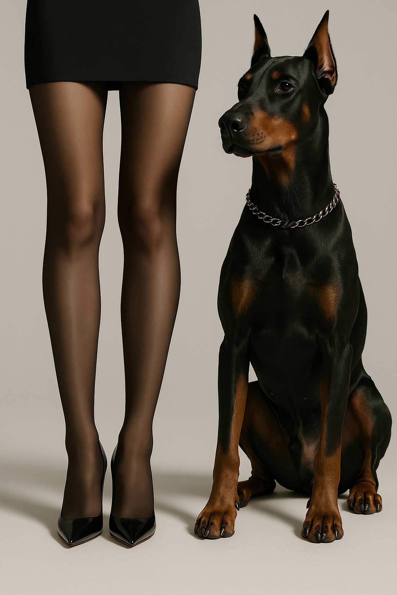 Dobermann, German Pinscher, high-heeled shoe, fashion show