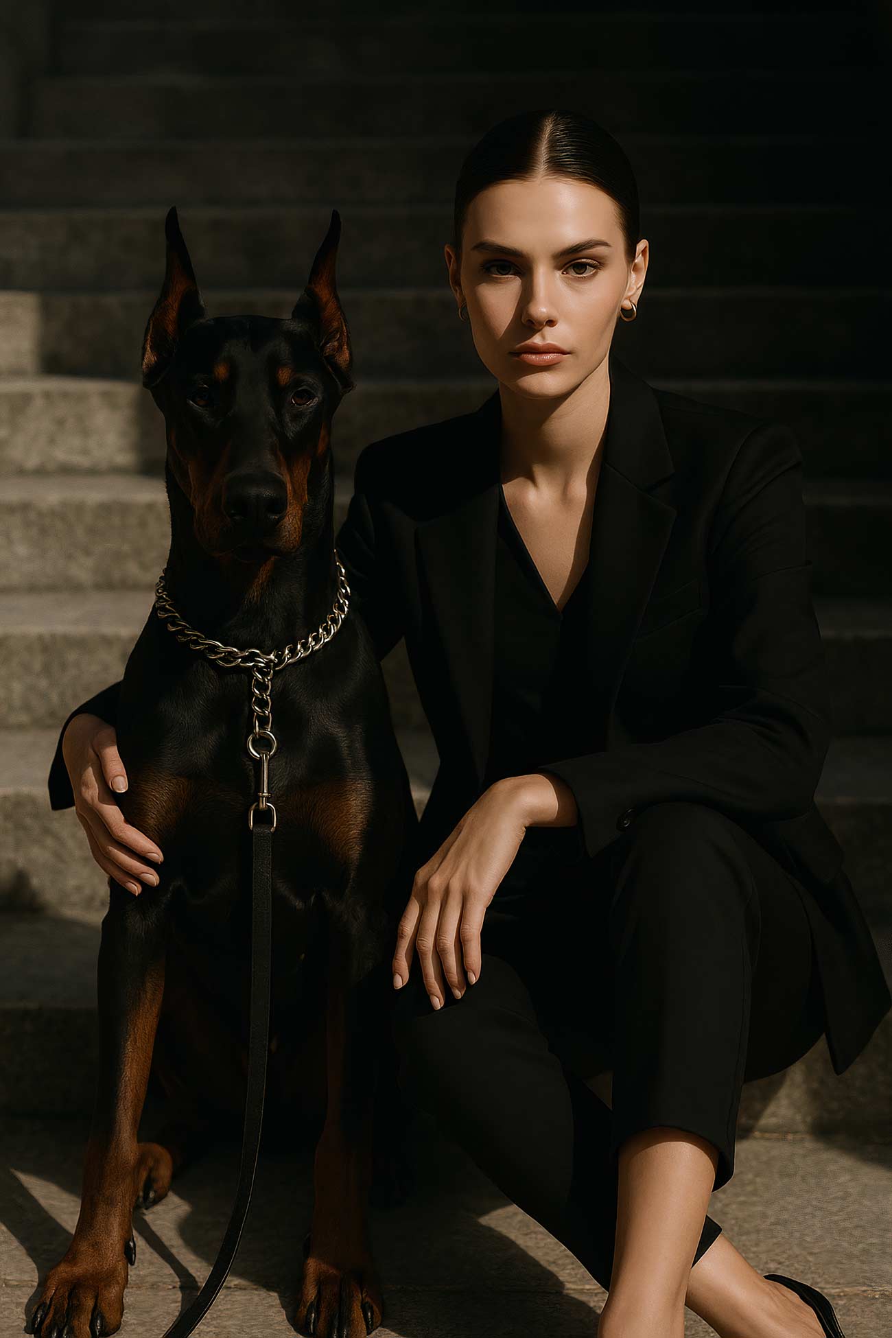 Fashion model with black leather bag and dogs