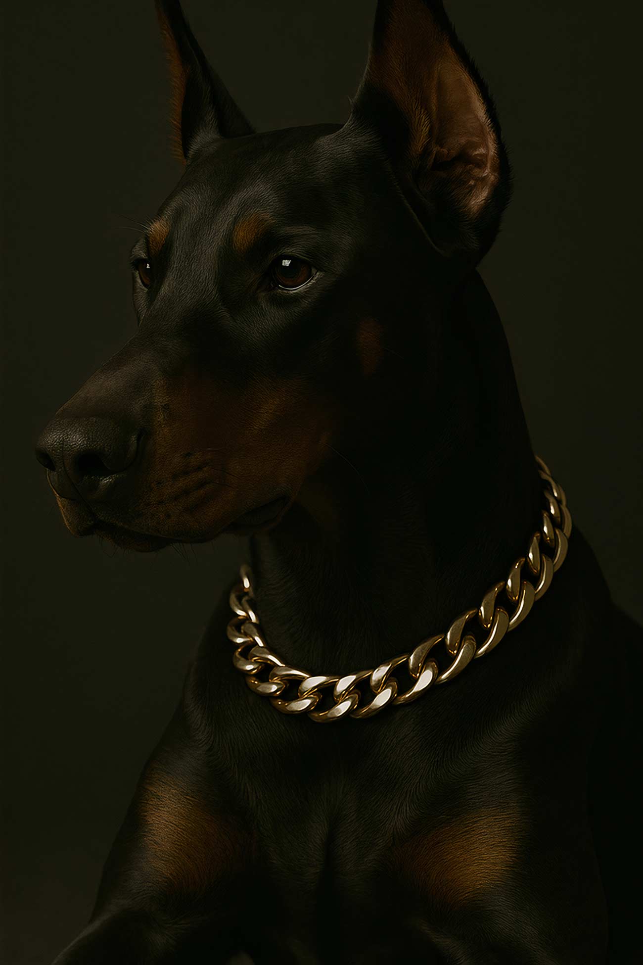 Dobermann Pinscher with brass collar, guard dog portrait