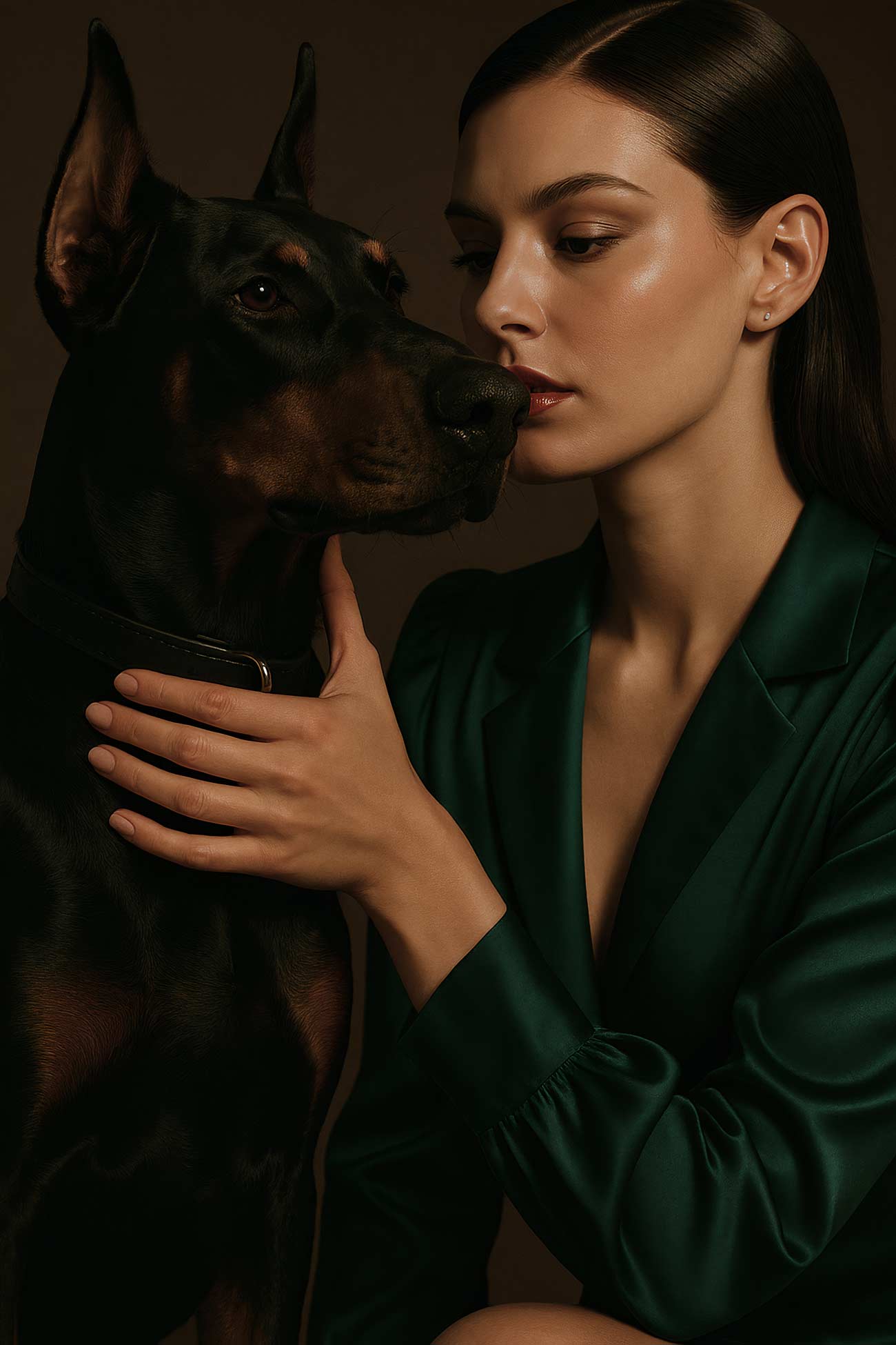 Fashion model, Dobermann, Belgian Shepherd in a stylish photoshoot