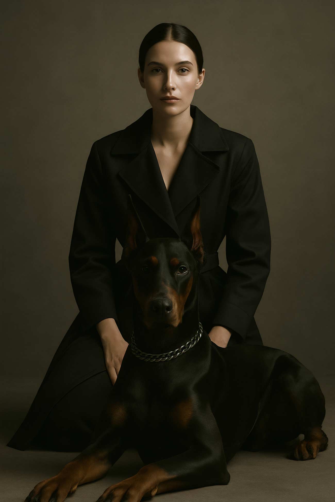 Dobermann fashion model in leather with German Pinscher guard dog