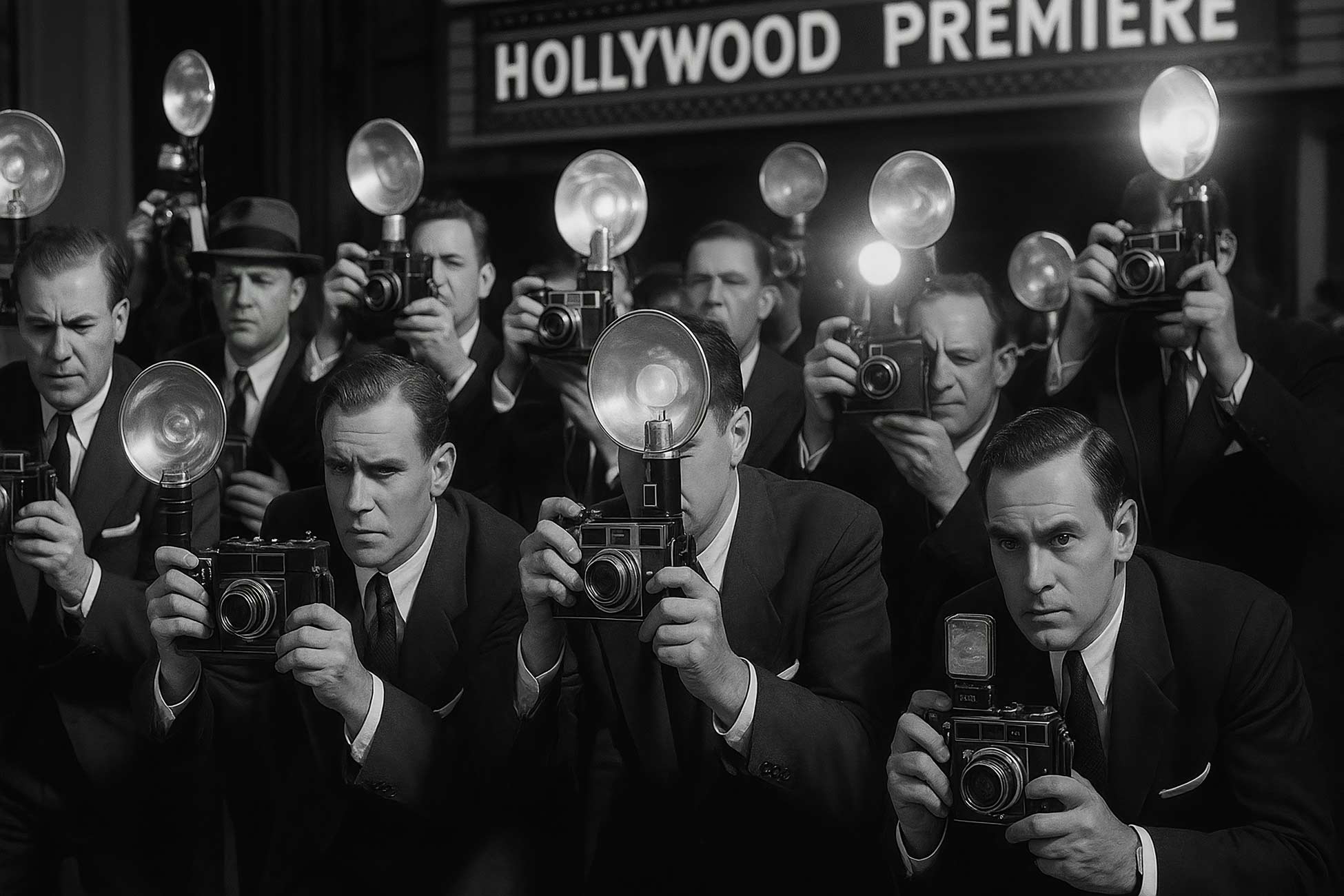 Monochrome crowd in stylish suits at night
