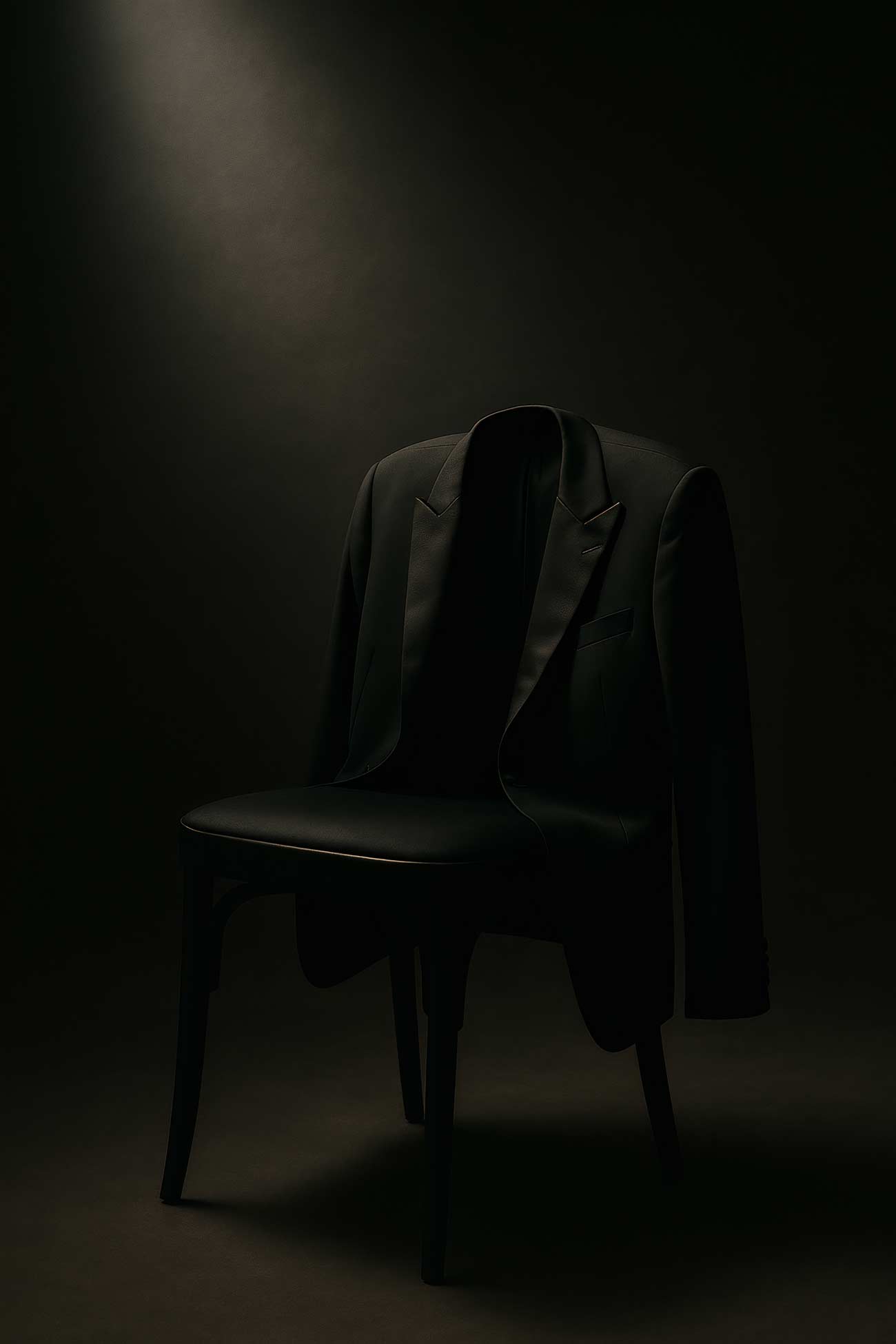Black chair with tuxedo jacket and trousers in monochrome setting