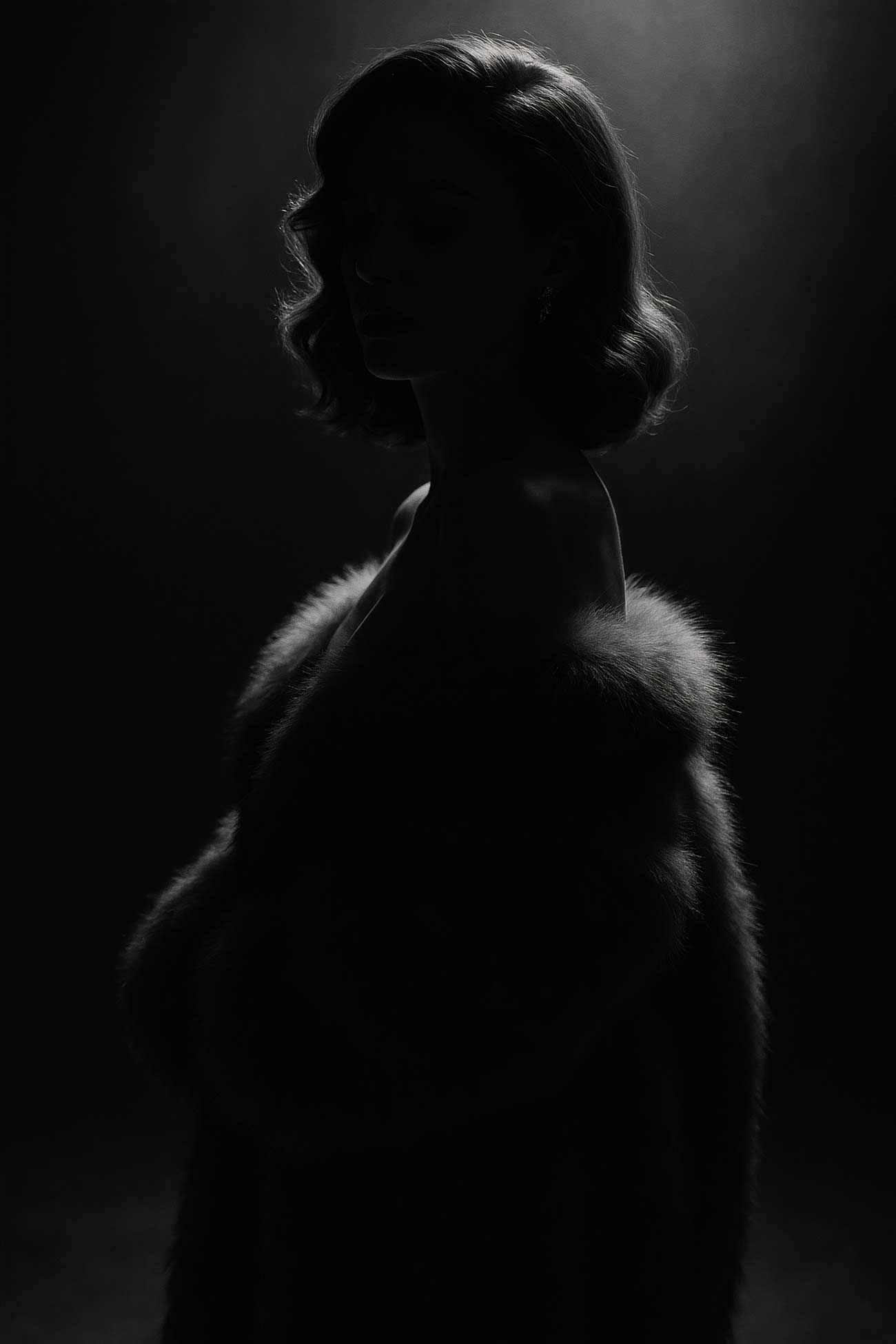 Monochrome portrait of a fashion model with fur clothing in black and white