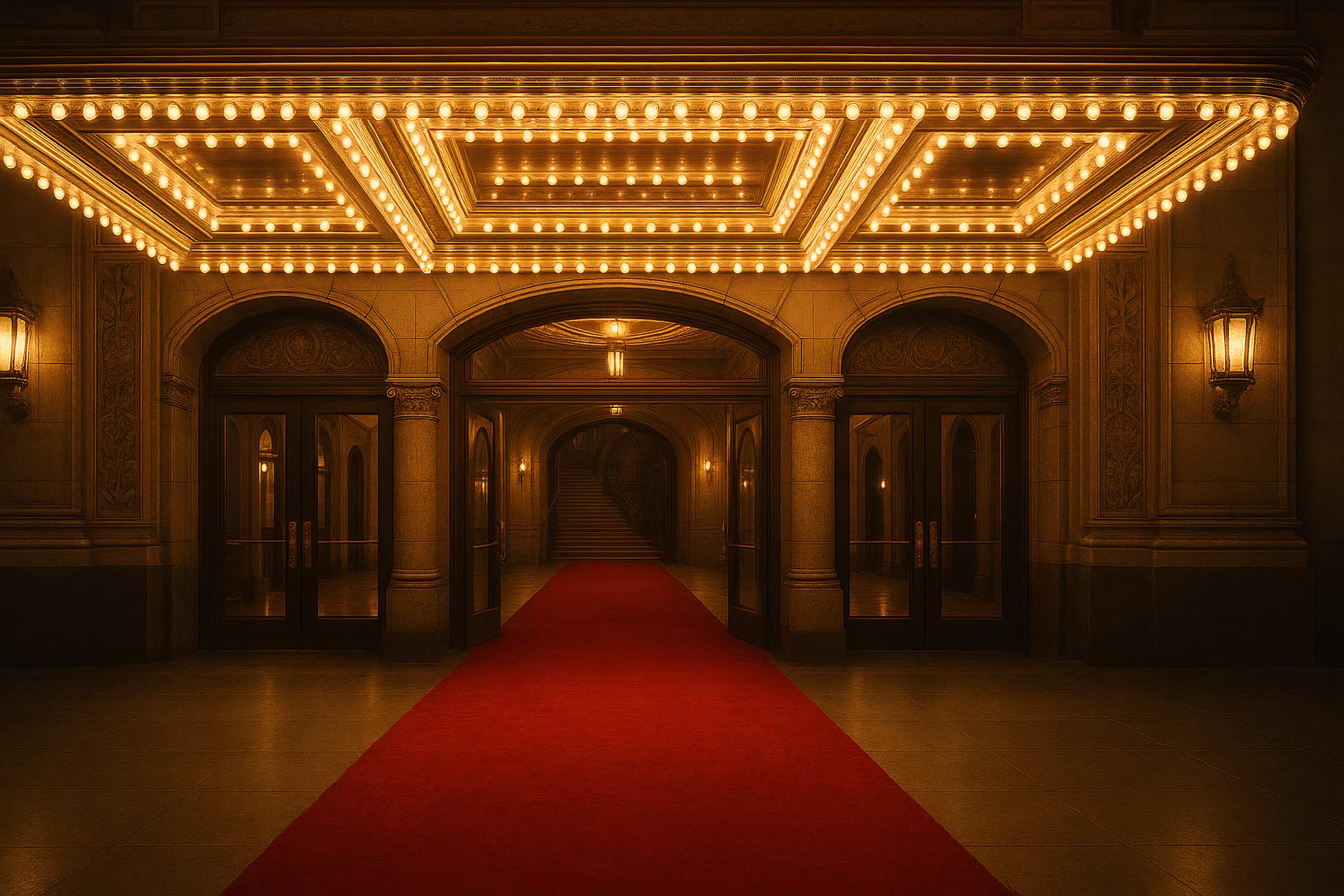Ceiling fixture lights in symmetrical hall with red carpet