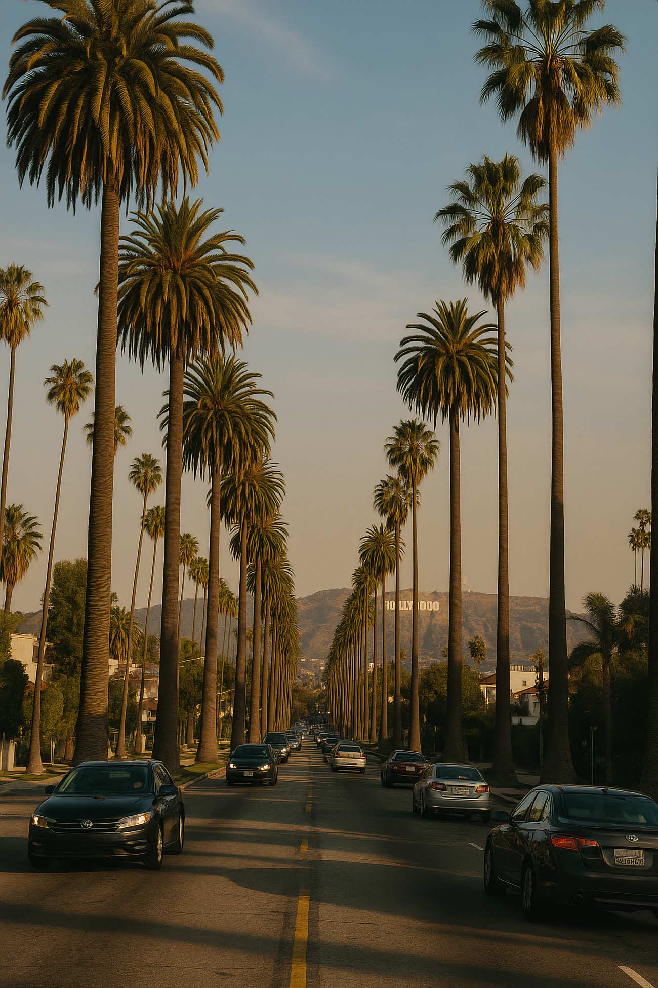 California palm trees, cars on road trip