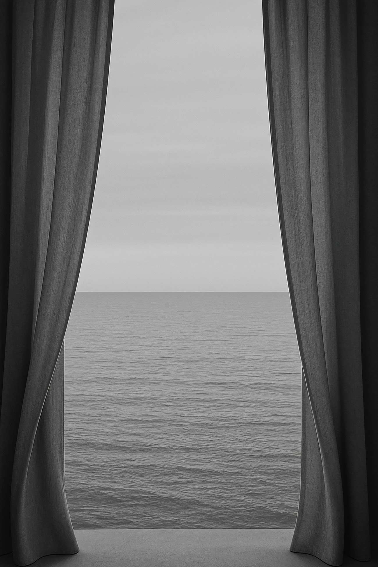Grey curtains gently swaying in the wind