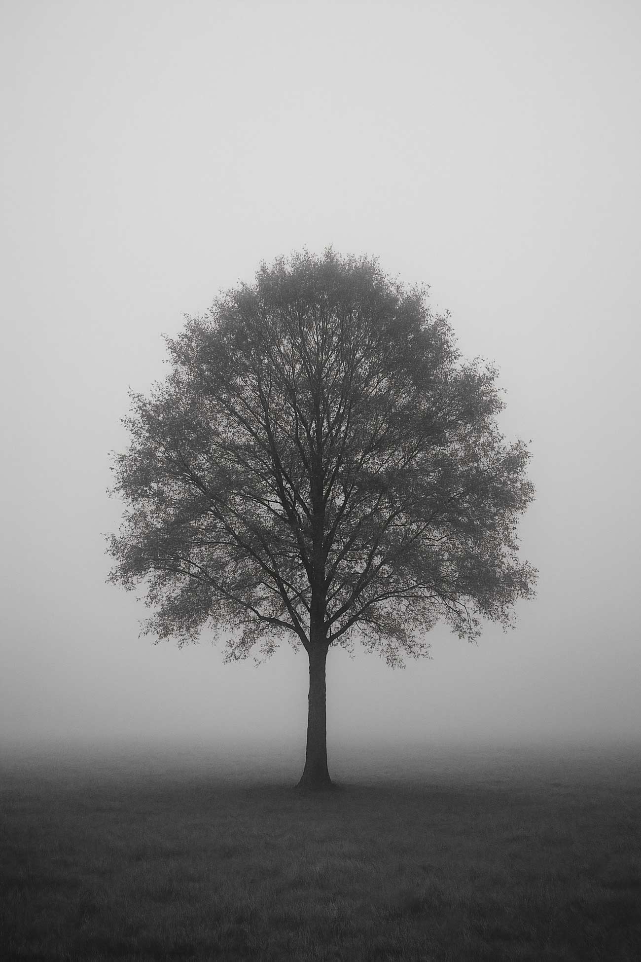 Misty savanna with fog, trees, and monochrome tones