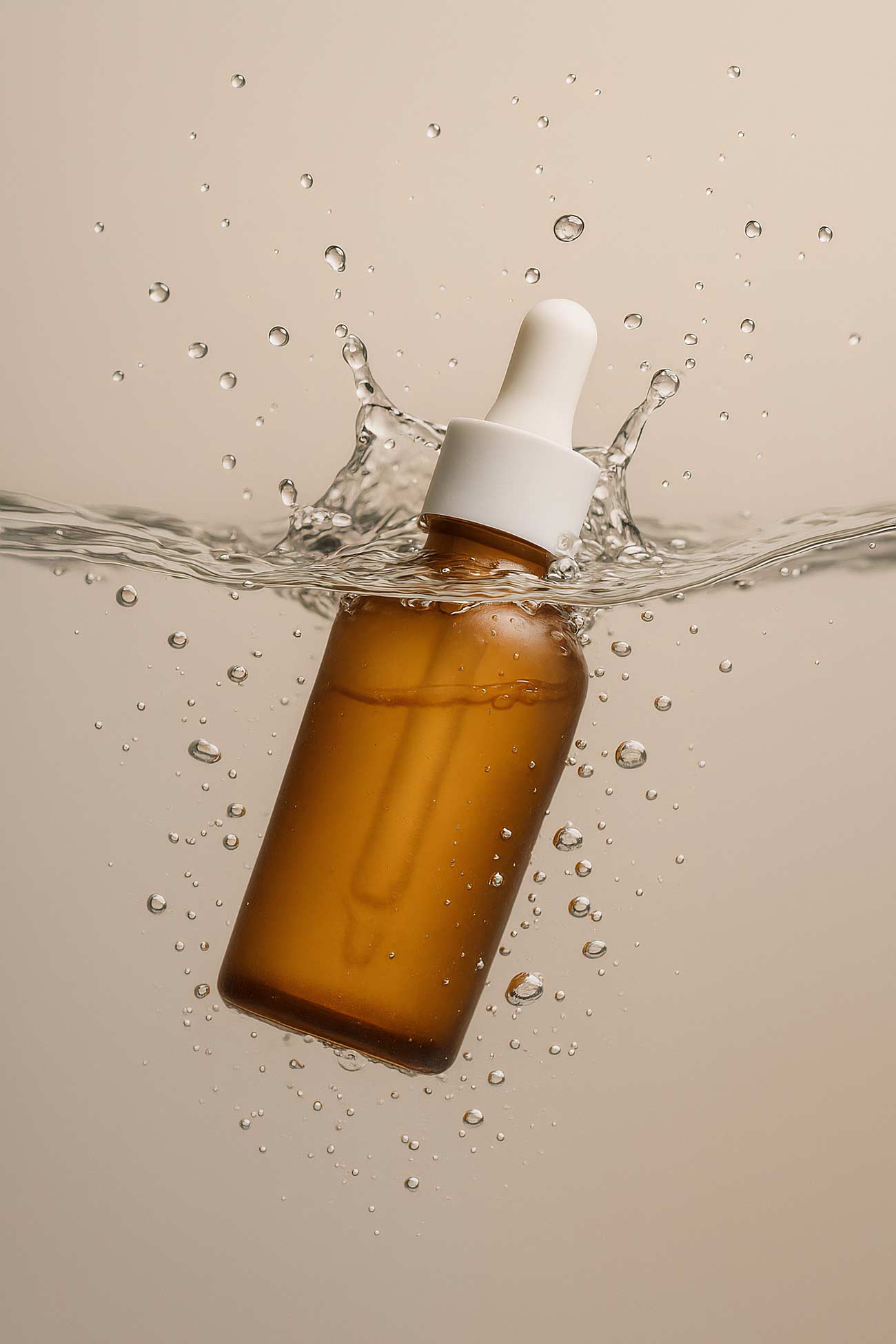 Glass bottle with colorful fluid, bottle cap, personal care concept