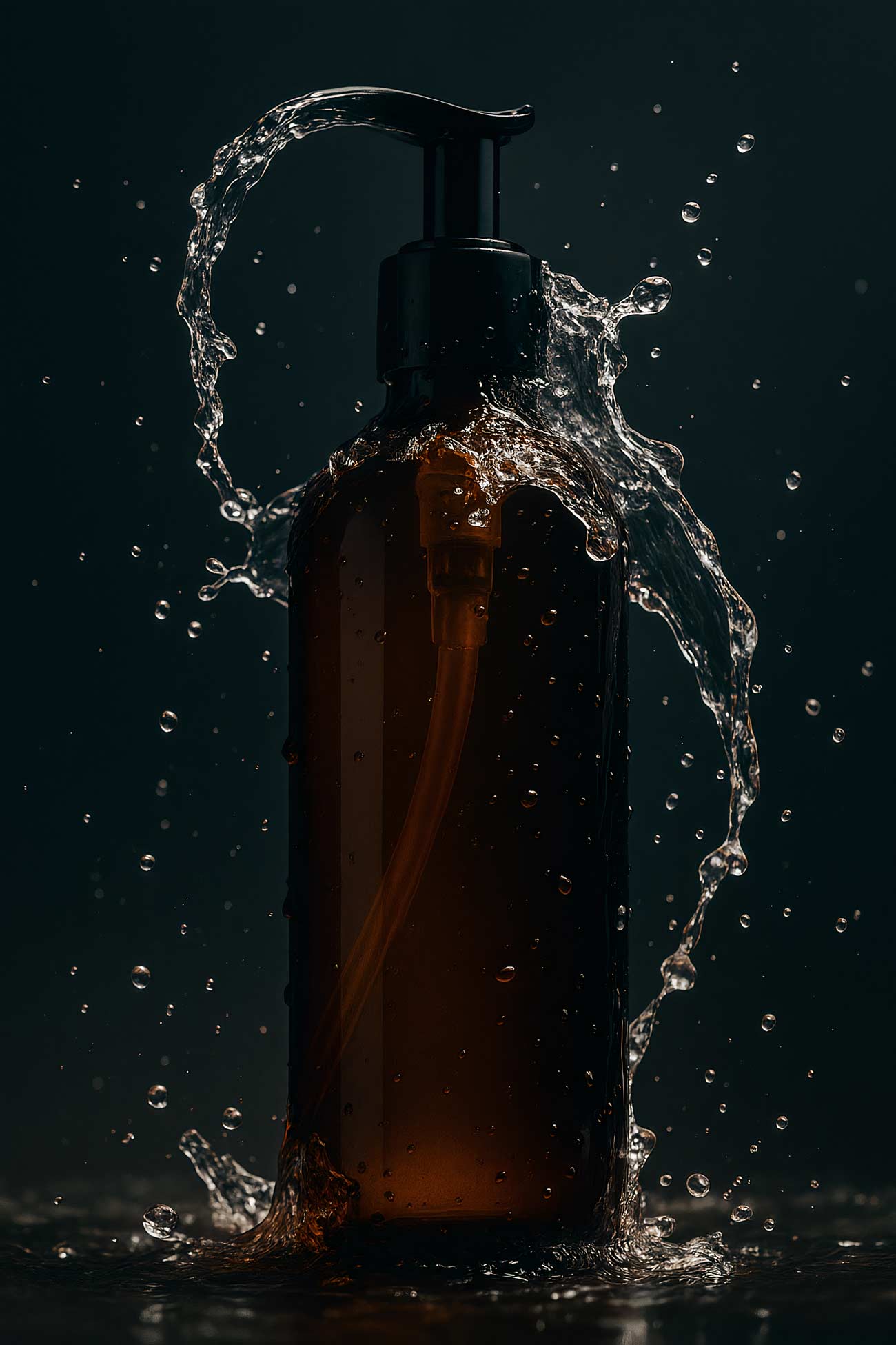 Plastic and glass bottles with liquid drops in a night setting