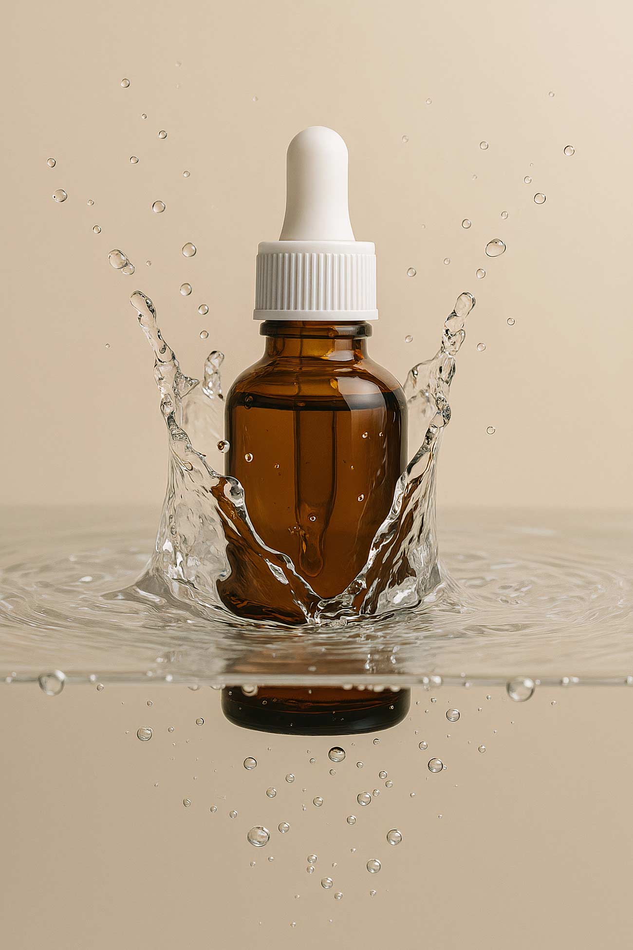 Glass bottle filled with blue liquid on reflective surface