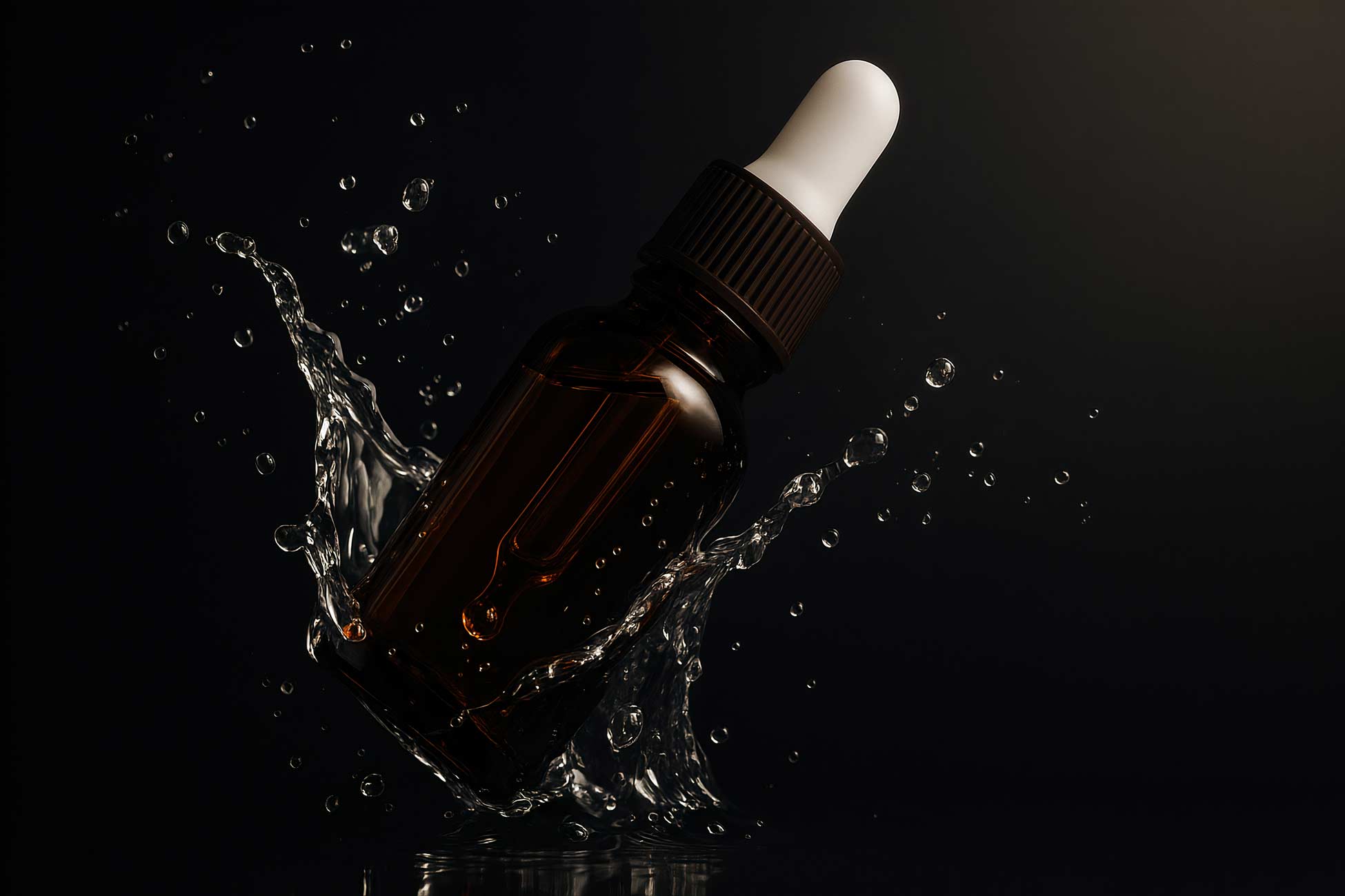 Dark fluid-filled bottle on black background