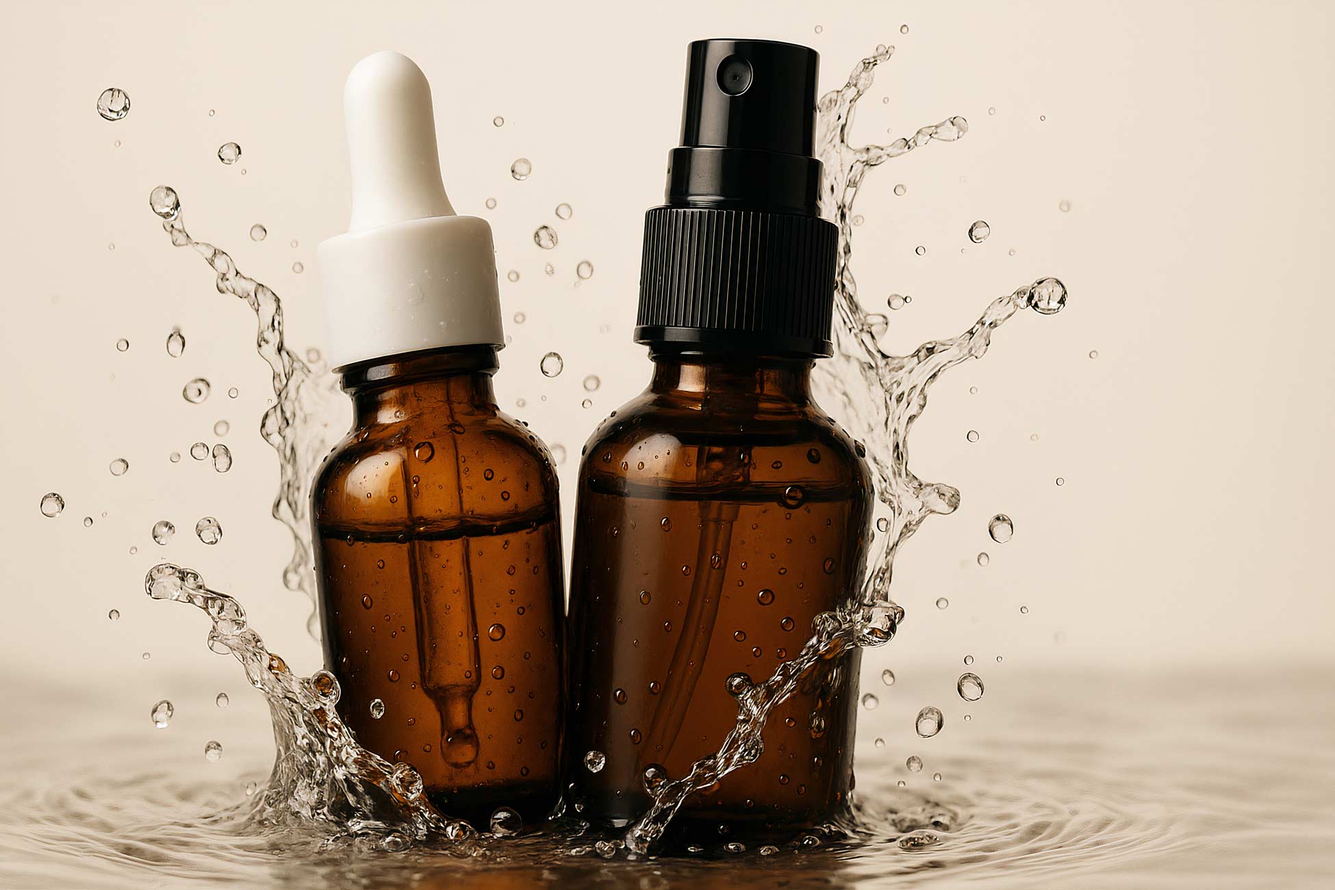 Glass bottle with liquid, bottle cap, cosmetics oil