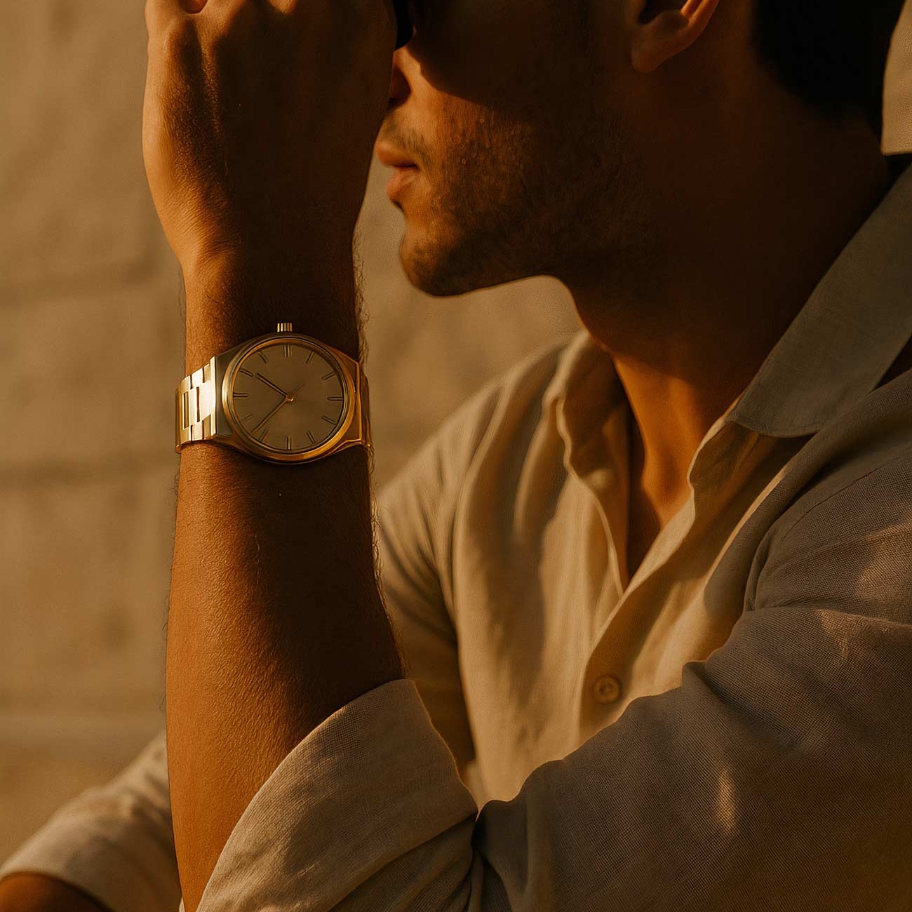 Gentleman\'s wrist with elegant analog watch strap